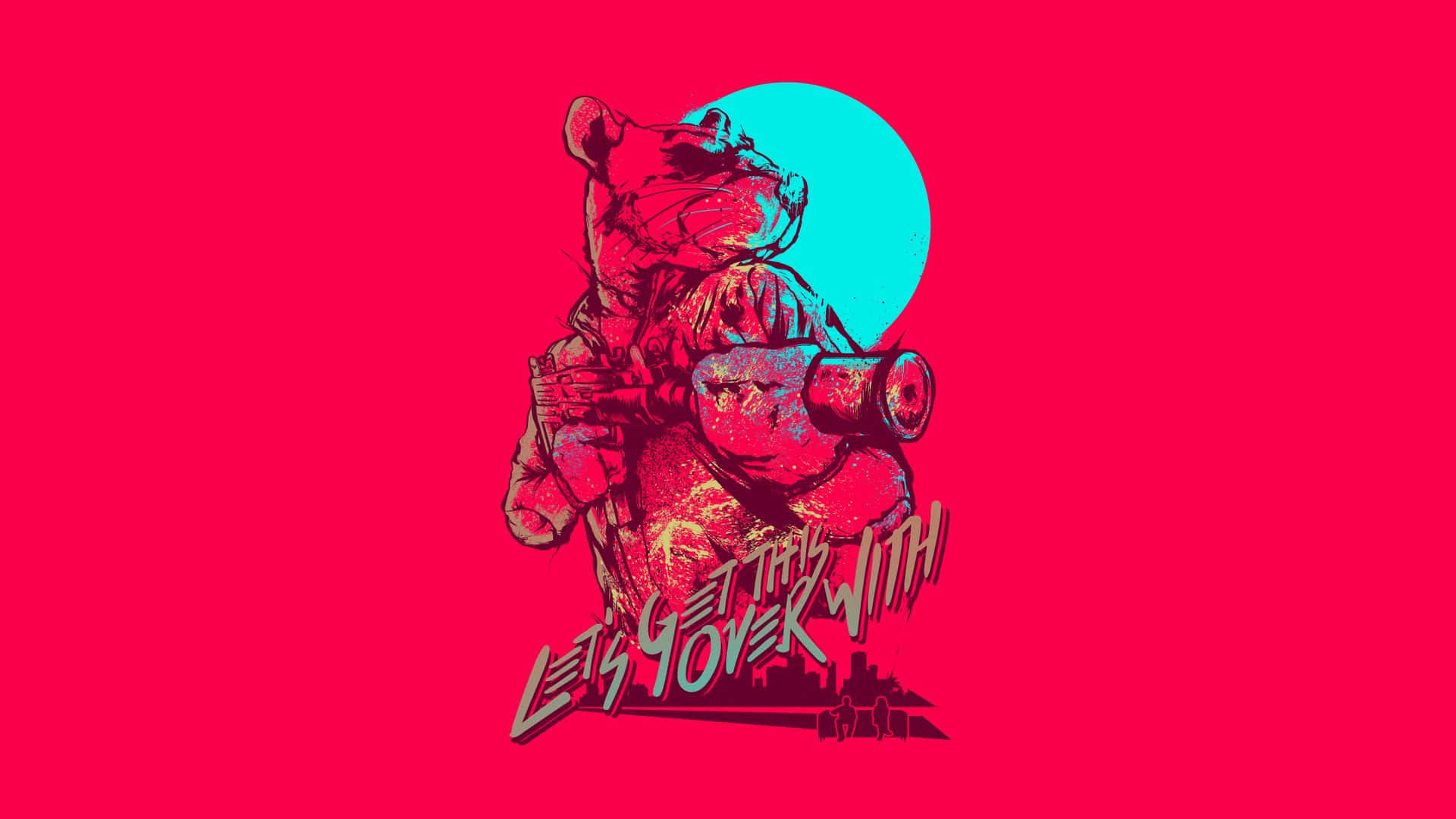 Hotline Miami 桌布 壁紙 — 一隻風格化的熊穿著戰鬥裝備，在明亮的粉紅色背景上拿著步槍，背景有青色月亮和粗體塗鴉文字。