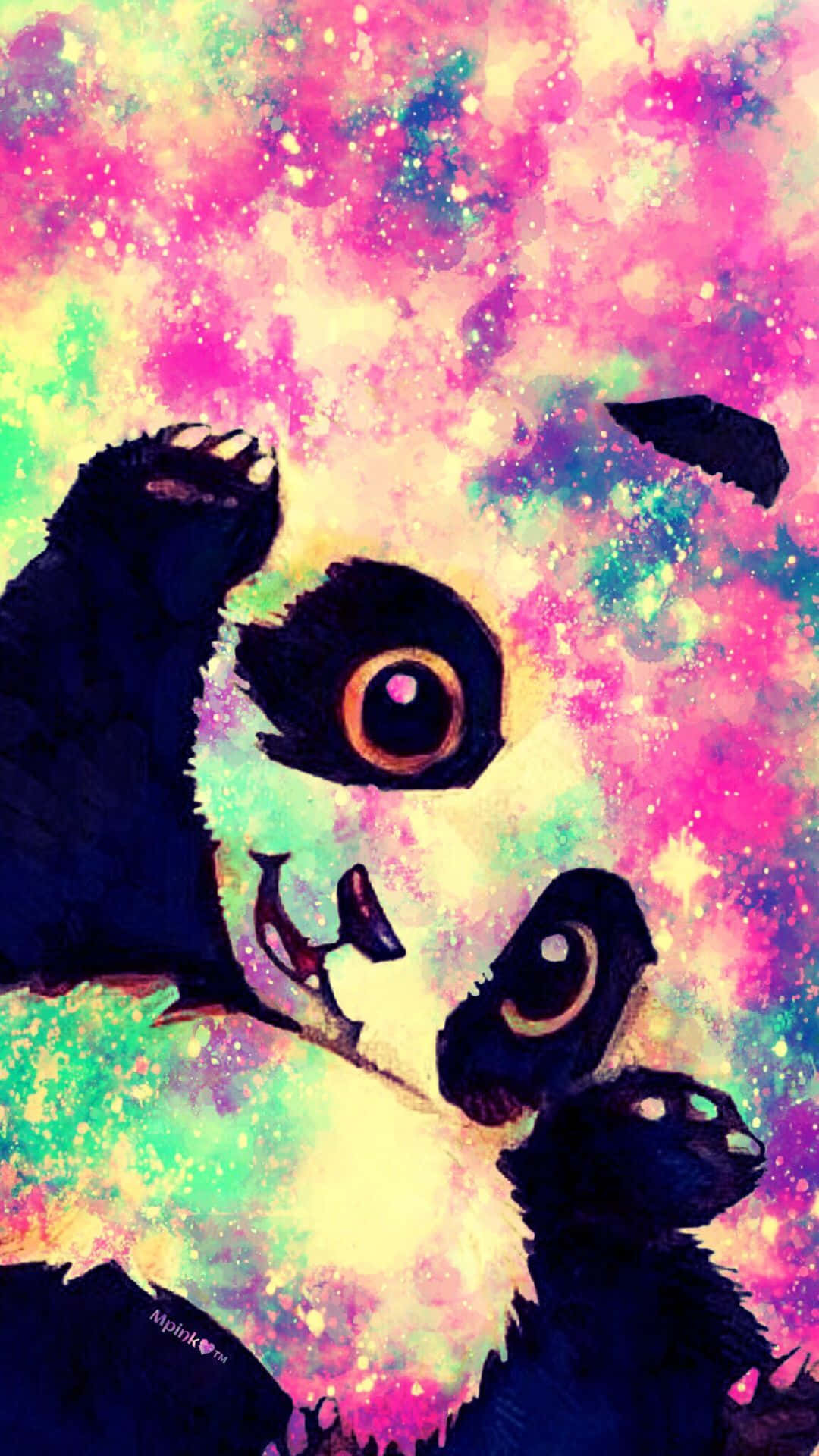 Girly Panda 桌布 壁紙 — 一隻風格化的熊貓，眼睛發光，表情俏皮，背景是充滿活力的粉紅、綠色和黃色宇宙星雲。