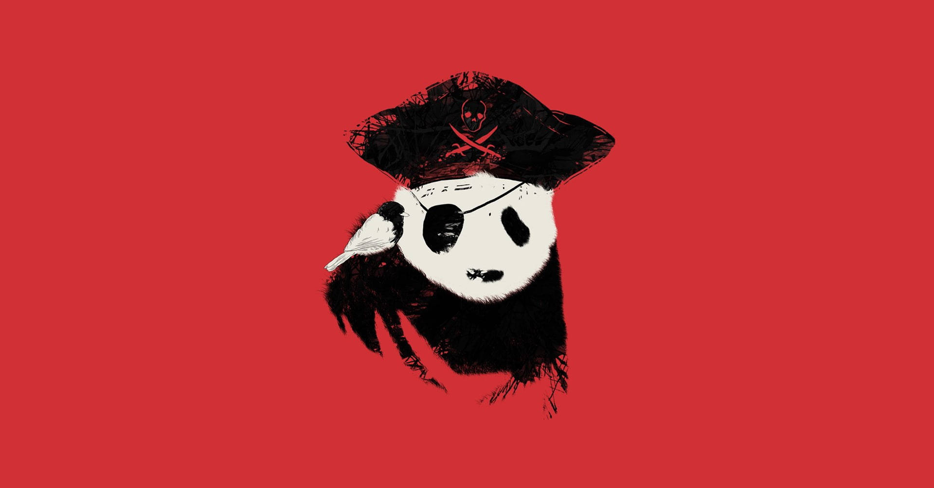 Pirate 桌布 壁紙 — 一隻風格化的熊貓戴著帶有骷髏頭骨和眼罩的海盜帽，背景為純紅色。
