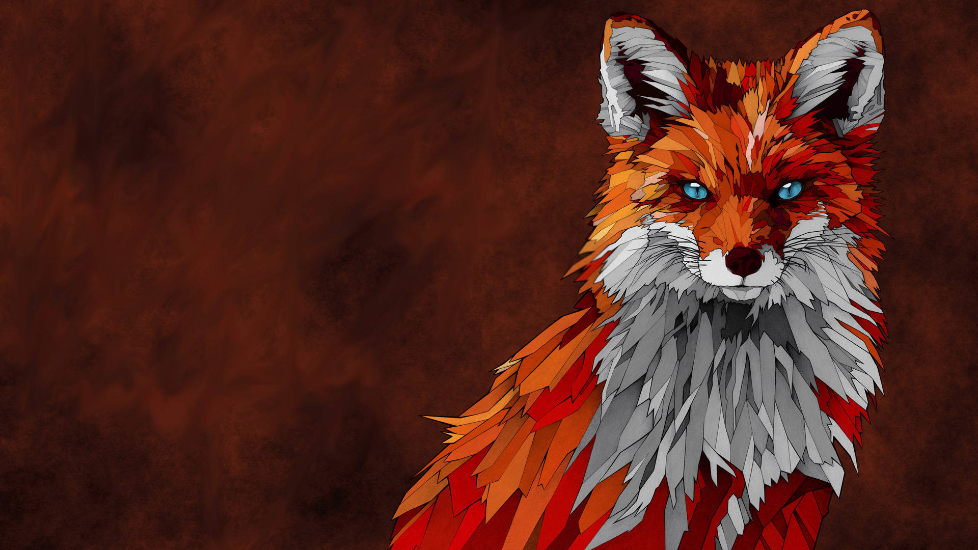 red fox 桌布 壁紙 — 一隻風格化的狐狸，擁有鮮豔的橙色和灰色毛髮以及銳利的藍色眼睛，凝視著帶有紋理的棕色背景。