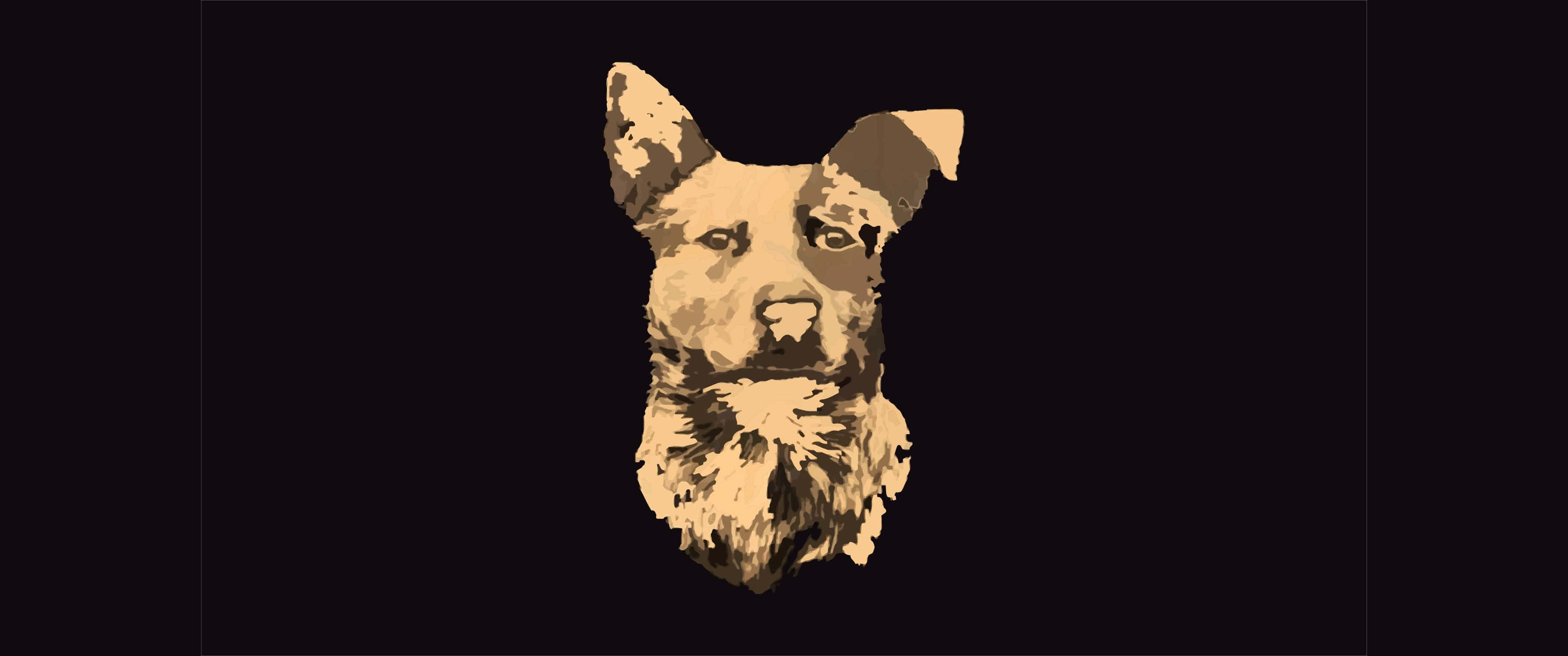 3440x1440p Far Cry 5 桌布 壁紙 — 一隻風格化的狗頭以棕褐色調在帶有紋理筆觸效果的深色背景上脫穎而出。