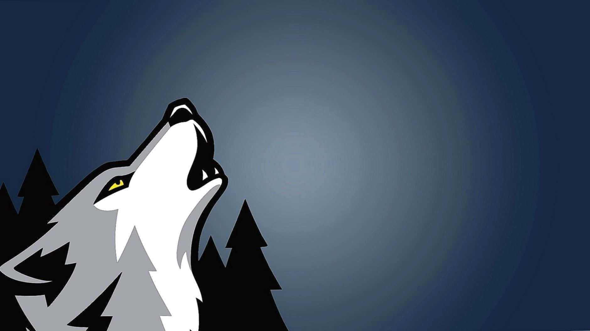 Wolf Minimalist 桌布 壁紙 — 一隻風格化的狼對著漸變夜空和剪影松樹嚎叫。
