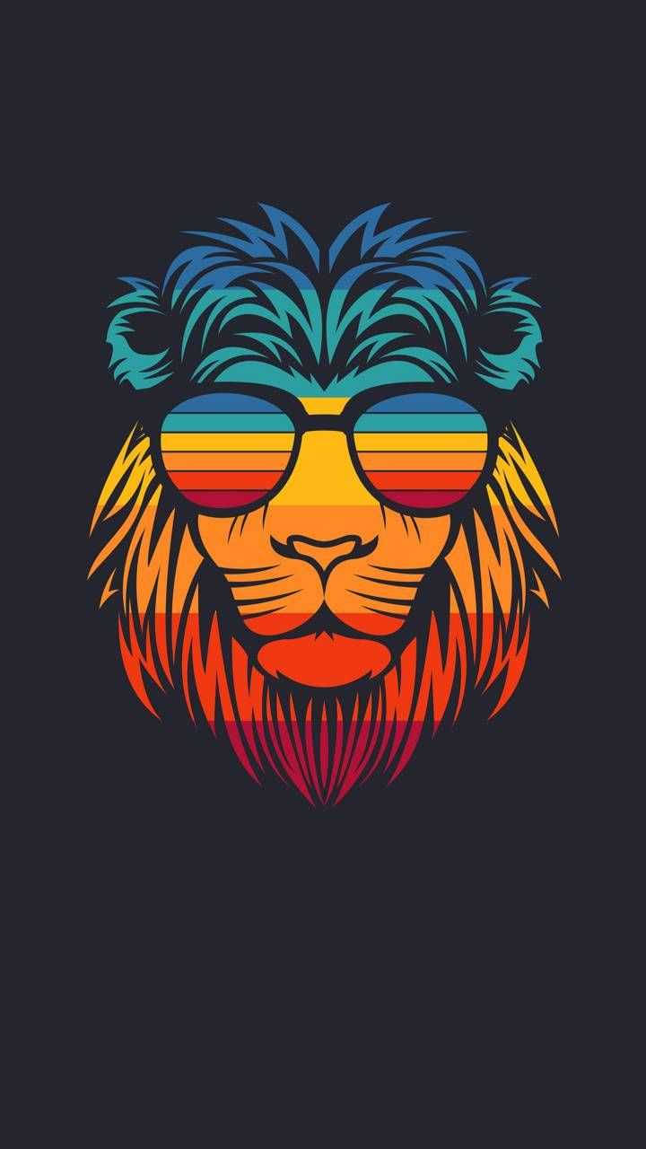 Leo 桌布 壁紙 — 一隻風格化的獅子，戴著帶有彩虹條紋的復古太陽眼鏡，背景為深色。