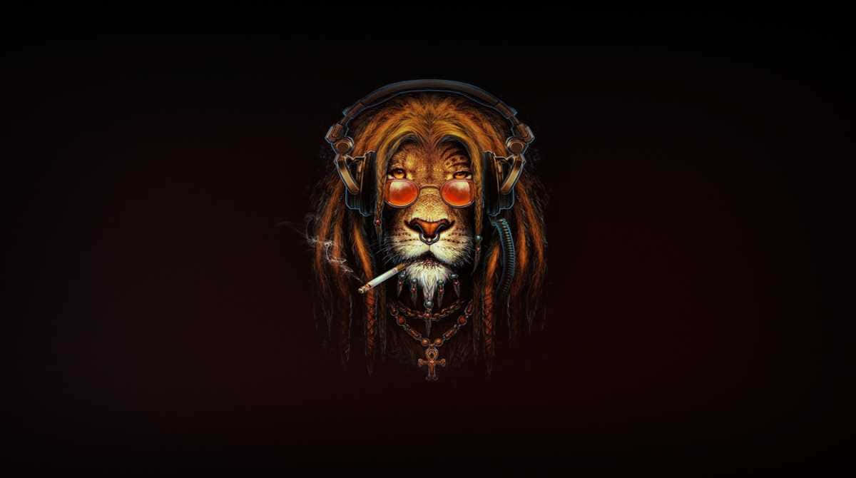獅子 桌布 壁紙 — 一隻風格化的獅子，戴著辮子耳機和紅色太陽眼鏡，在深色漸變背景上抽煙。