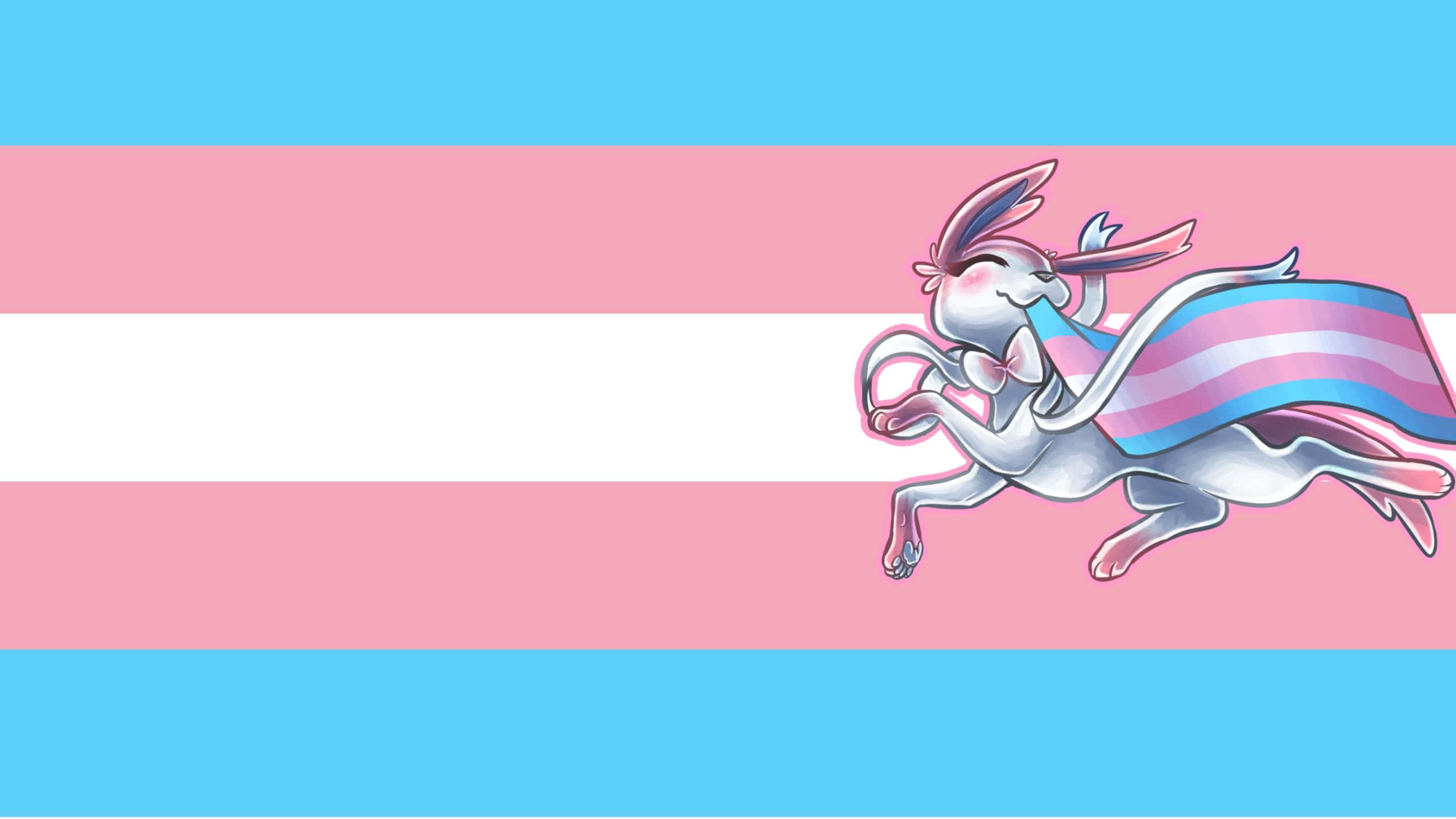 transgender 桌布 壁紙 — 一隻風格化的白兔，粉紅色耳朵和蝴蝶結，飛奔穿過跨性別驕傲旗幟的條紋。