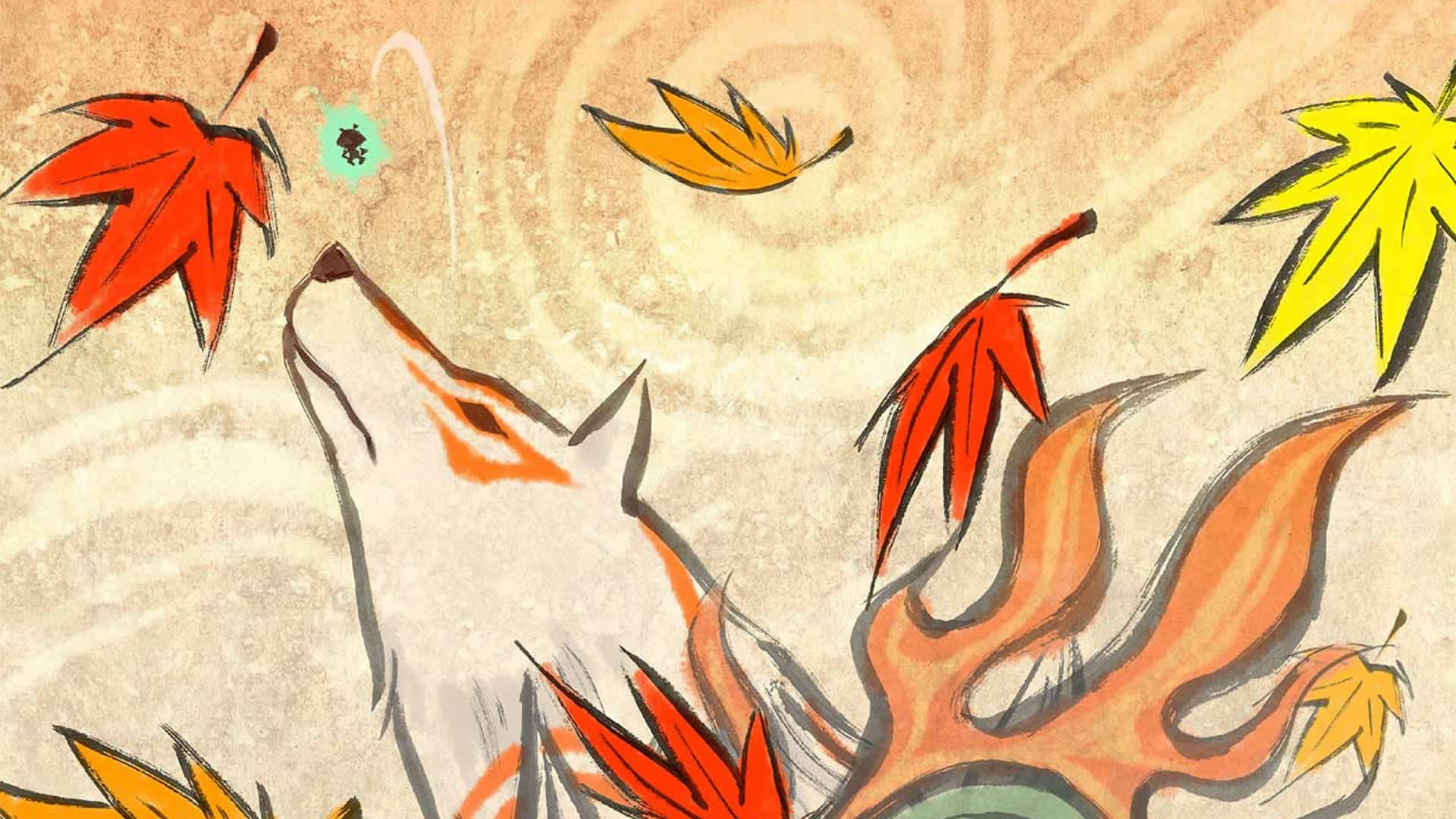 Okami 桌布 壁紙 — 一隻風格化的白狐，帶有火橙色尾巴，在旋轉的秋葉中跳躍，背景為有紋理的米色。