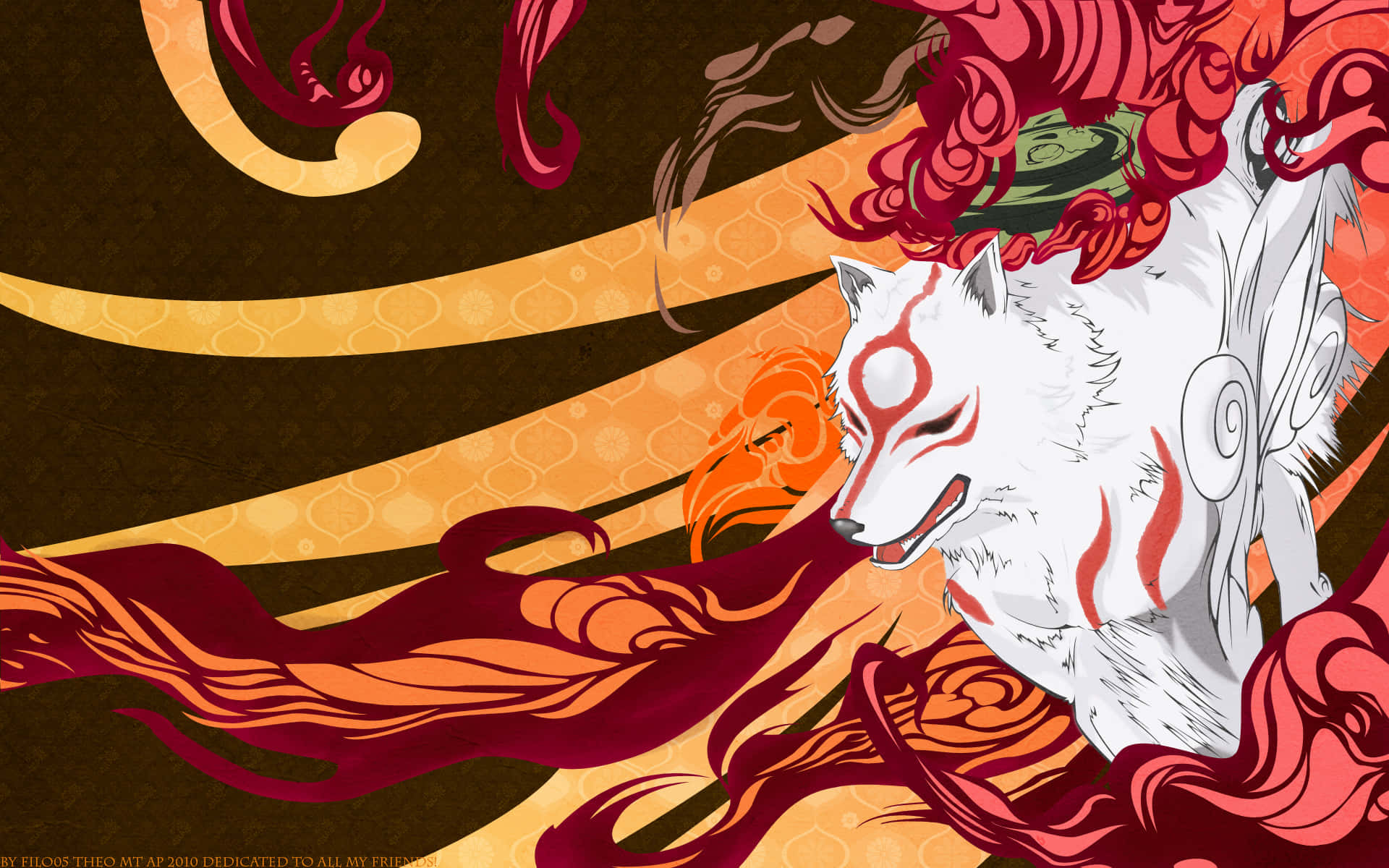 Okami HD 桌布 壁紙 — 一隻風格化的白狐，帶有紅色標記和流動的火焰般的毛髮，坐在旋轉的橙色和紅色圖案中，背景為深棕色。