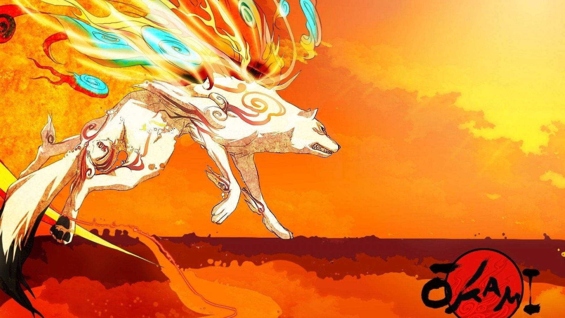 Okami 桌布 壁紙 — 一隻風格化的白狼，帶有旋轉的橙色和藍色能量，躍過火紅的橙色日落天空。