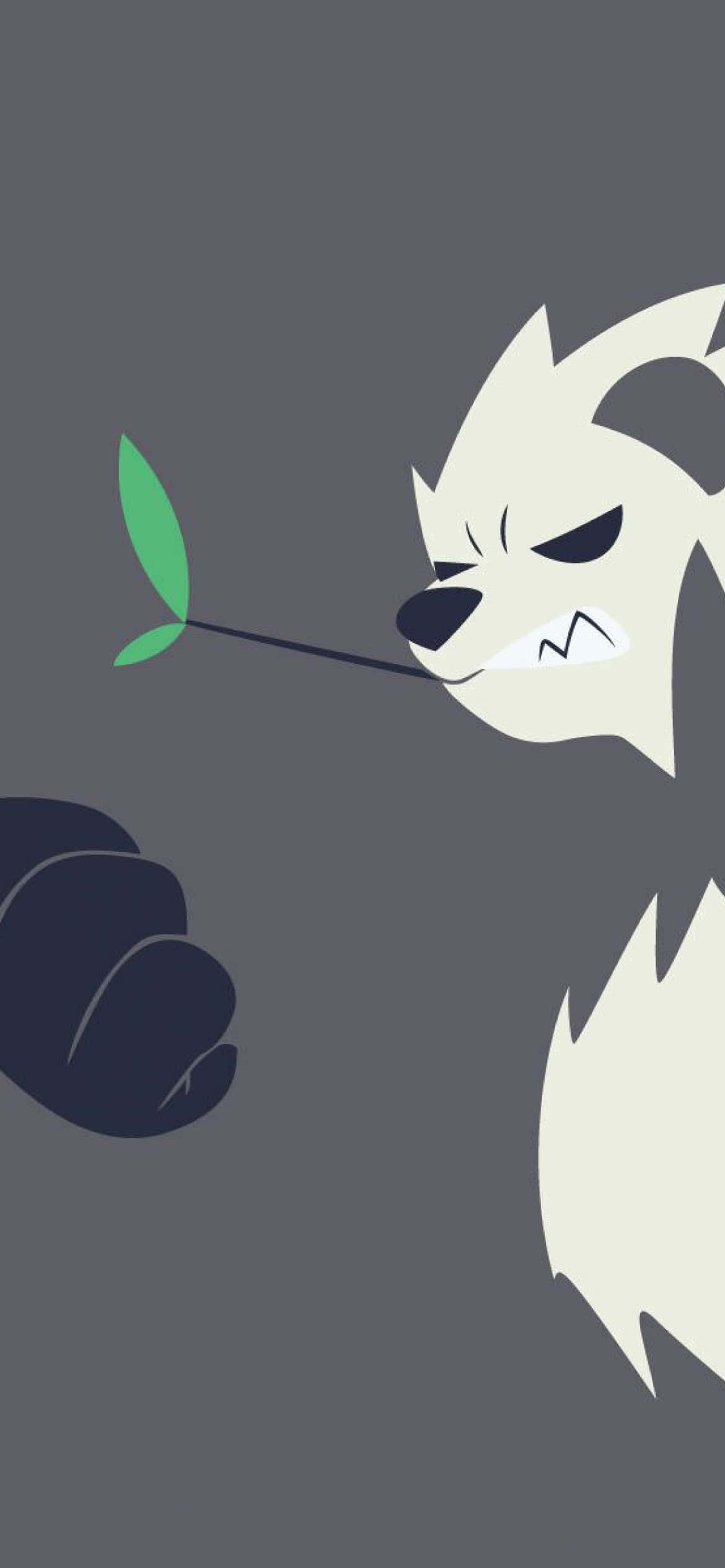 Pokémon 手機 桌布 壁紙 — 一隻風格化的白狼，表情憤怒，嘴裡叼著一片綠葉，背景為灰色。