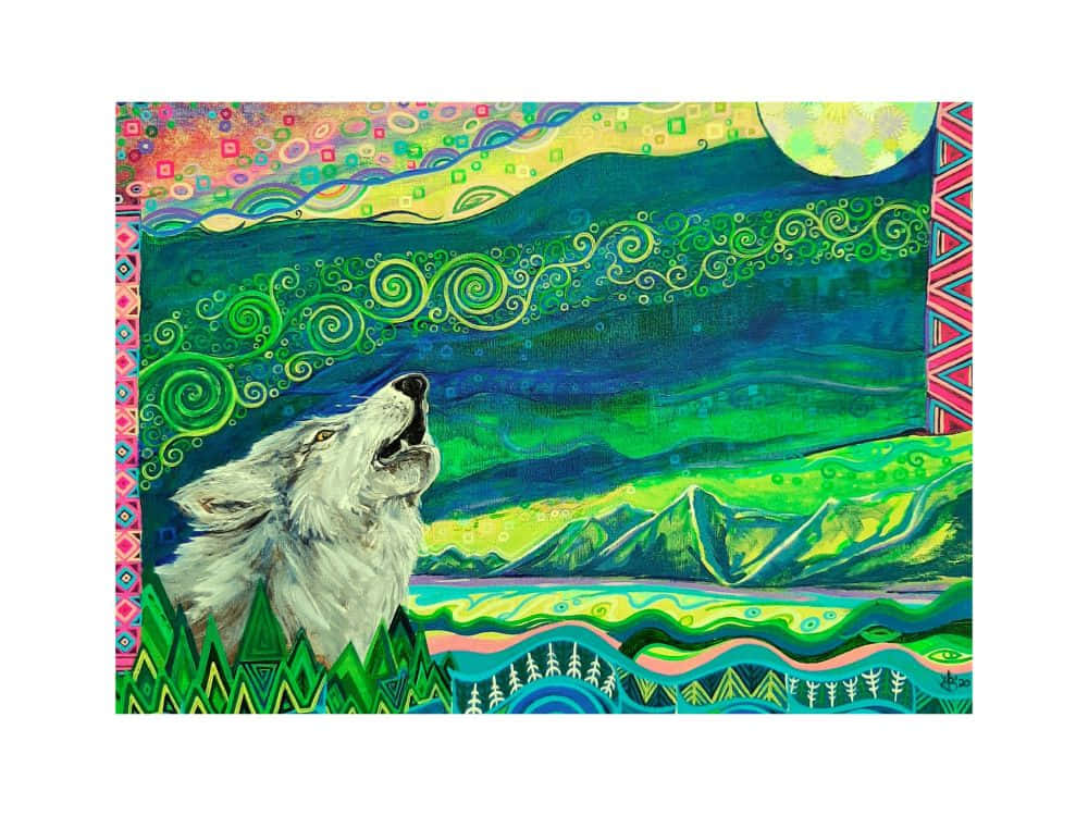 Wolf Art 桌布 壁紙 — 一隻風格化的白狼在充滿活力的迷幻風景中嚎叫，背景有旋轉的綠色、藍色和發光的月亮。