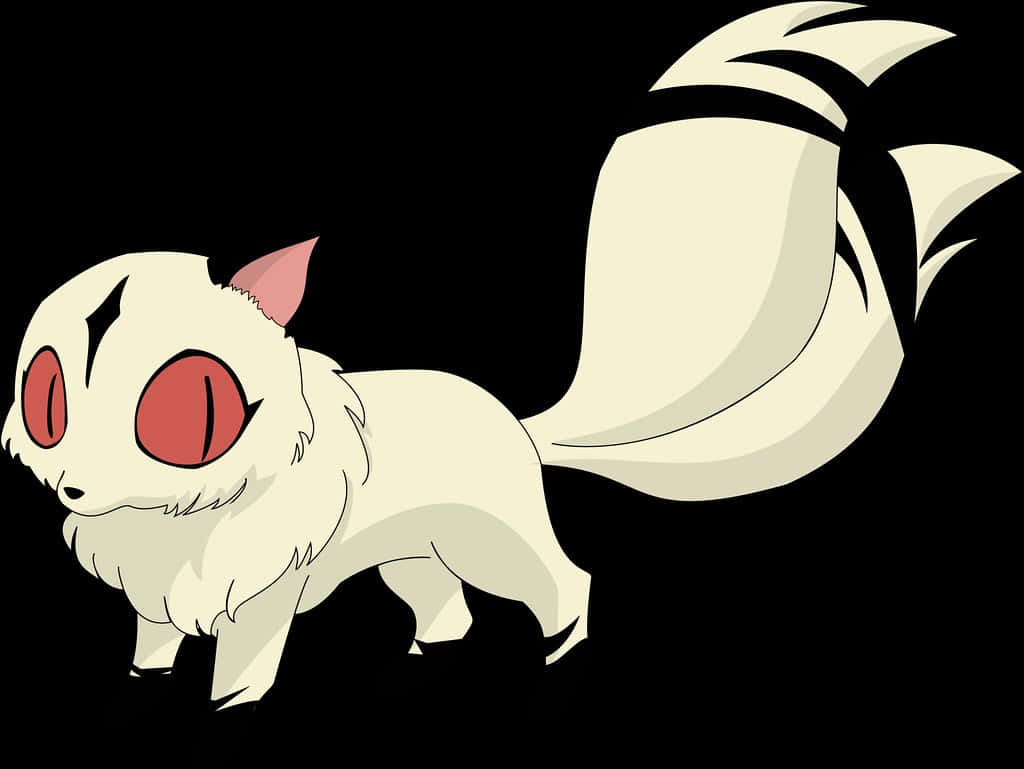 Inuyasha Nekomata 桌布 壁紙 — 一隻風格化的白色動漫貓，擁有紅色眼睛和一條蓬鬆的大尾巴，站在黑色背景前。