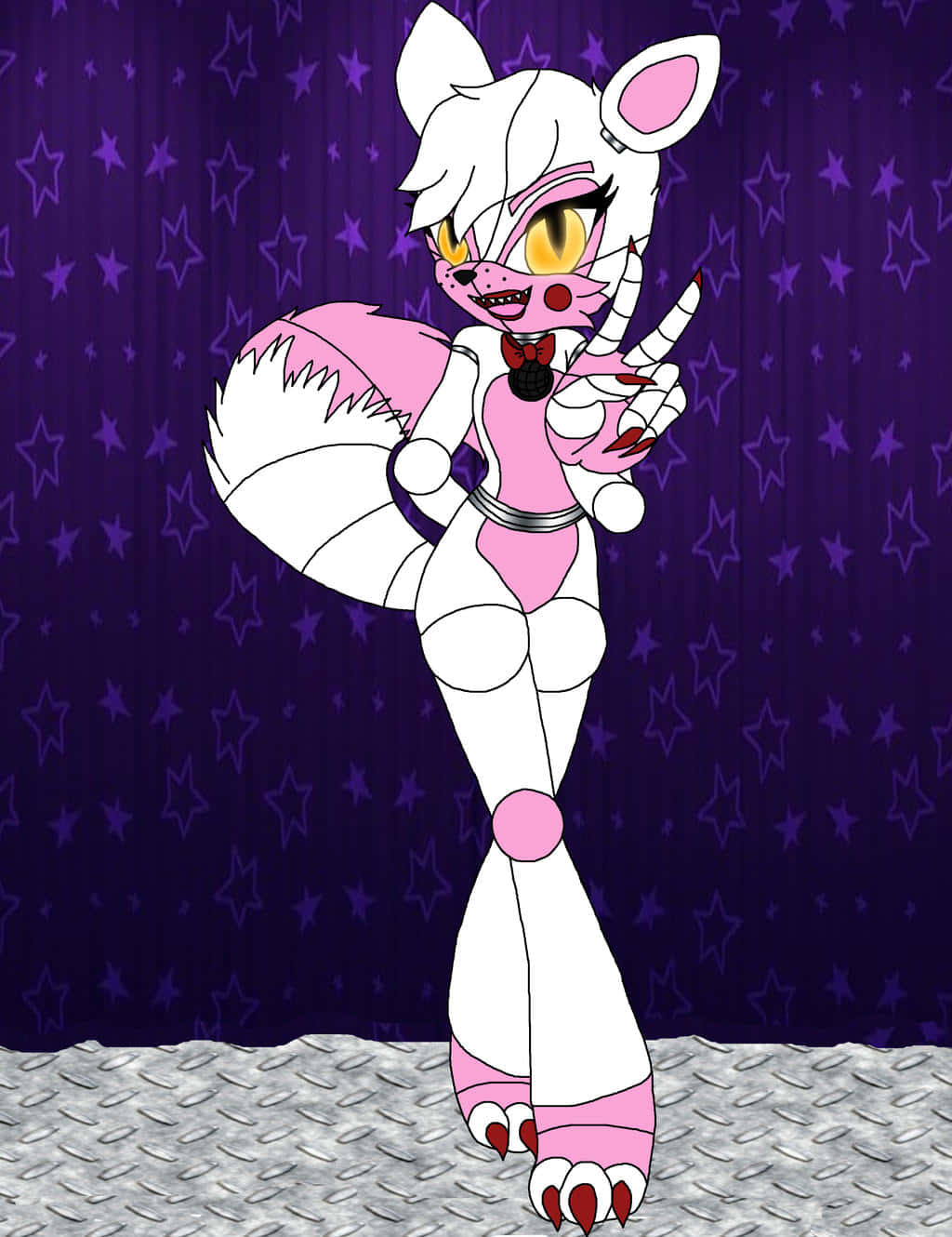 Funtime Foxy 桌布 壁紙 — 一隻風格化的白色和粉紅色擬人化狐狸，黃色眼睛，在紫色星星窗簾背景前擺姿勢。