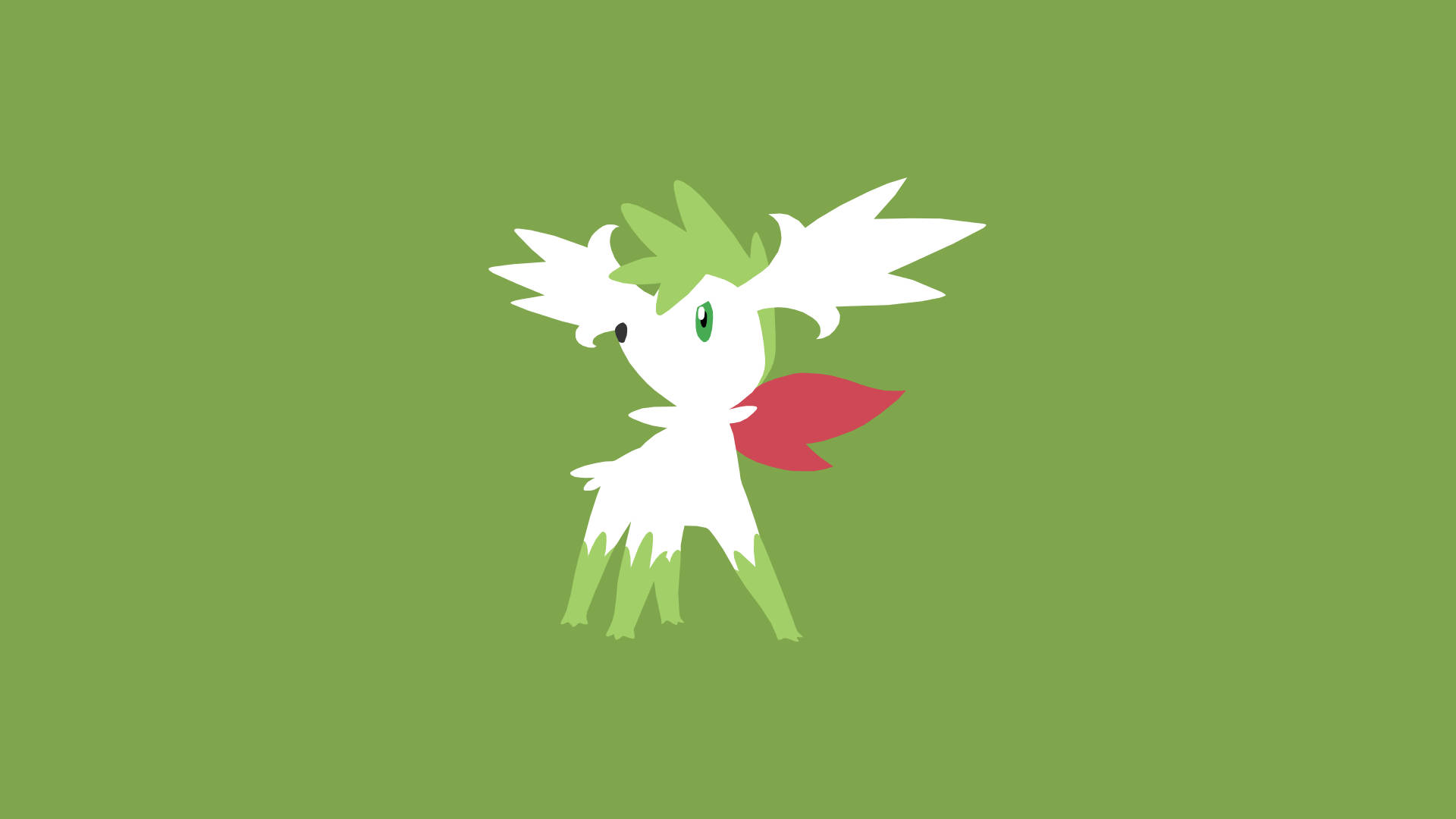 Shaymin 桌布 壁紙 — 一隻風格化的白色和綠色寶可夢，戴著紅色圍巾，站在純橄欖綠背景中央。