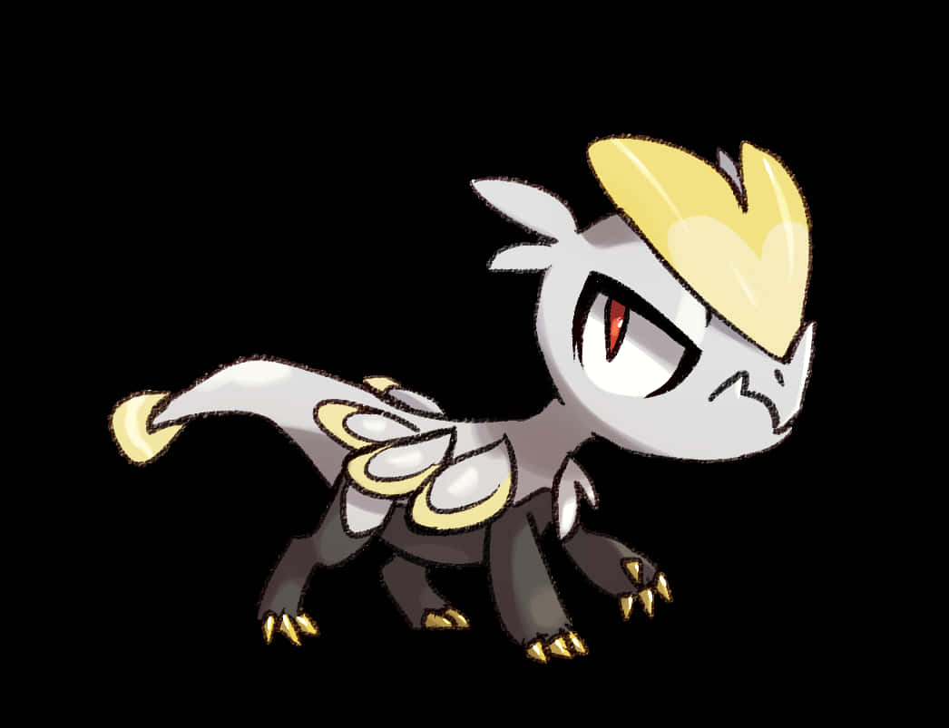 Pokemon Aesthetic 桌布 壁紙 — 一隻風格化的白色和金色龍形生物，有紅色眼睛和鋒利爪子，站在黑色背景前。