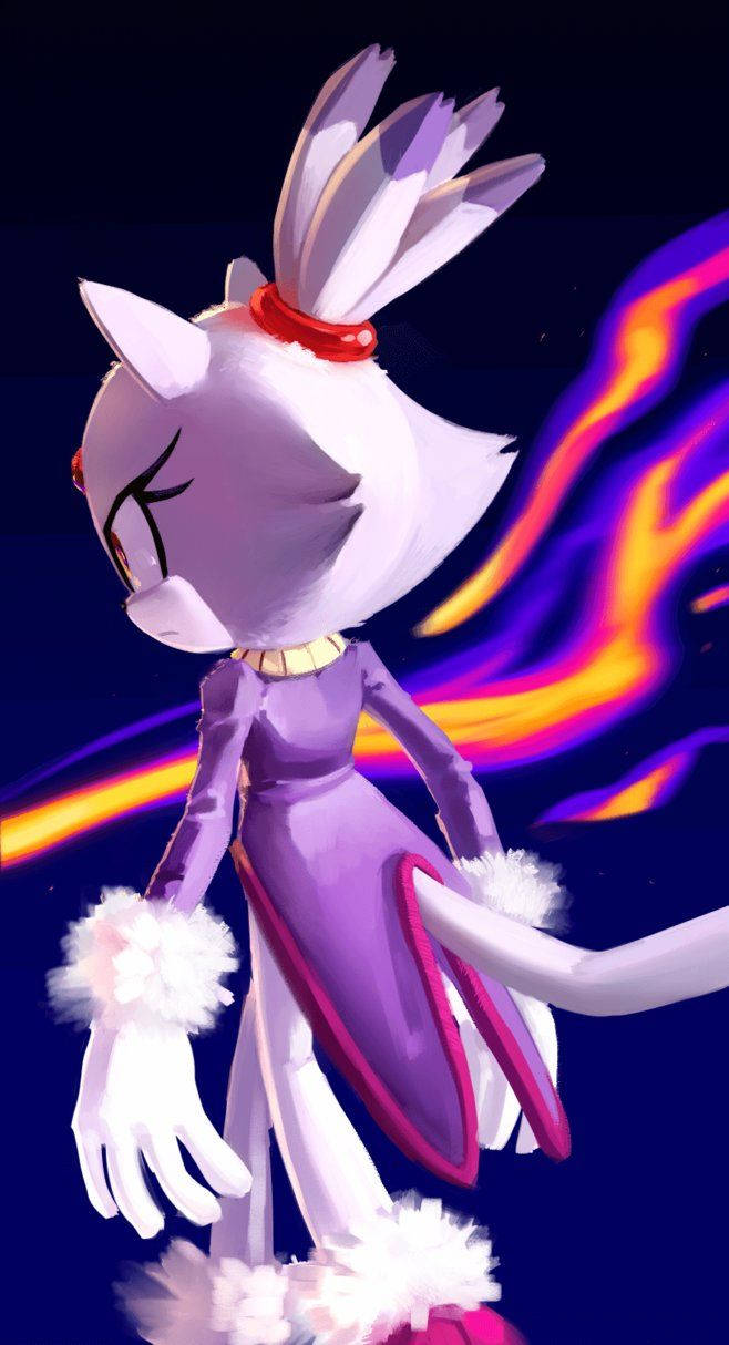 Blaze The Cat 桌布 壁紙 — 一隻風格化的白色擬人狐狸穿著紫色連衣裙，站在深色背景前，背景有充滿活力的橙色和紫色能量條紋。