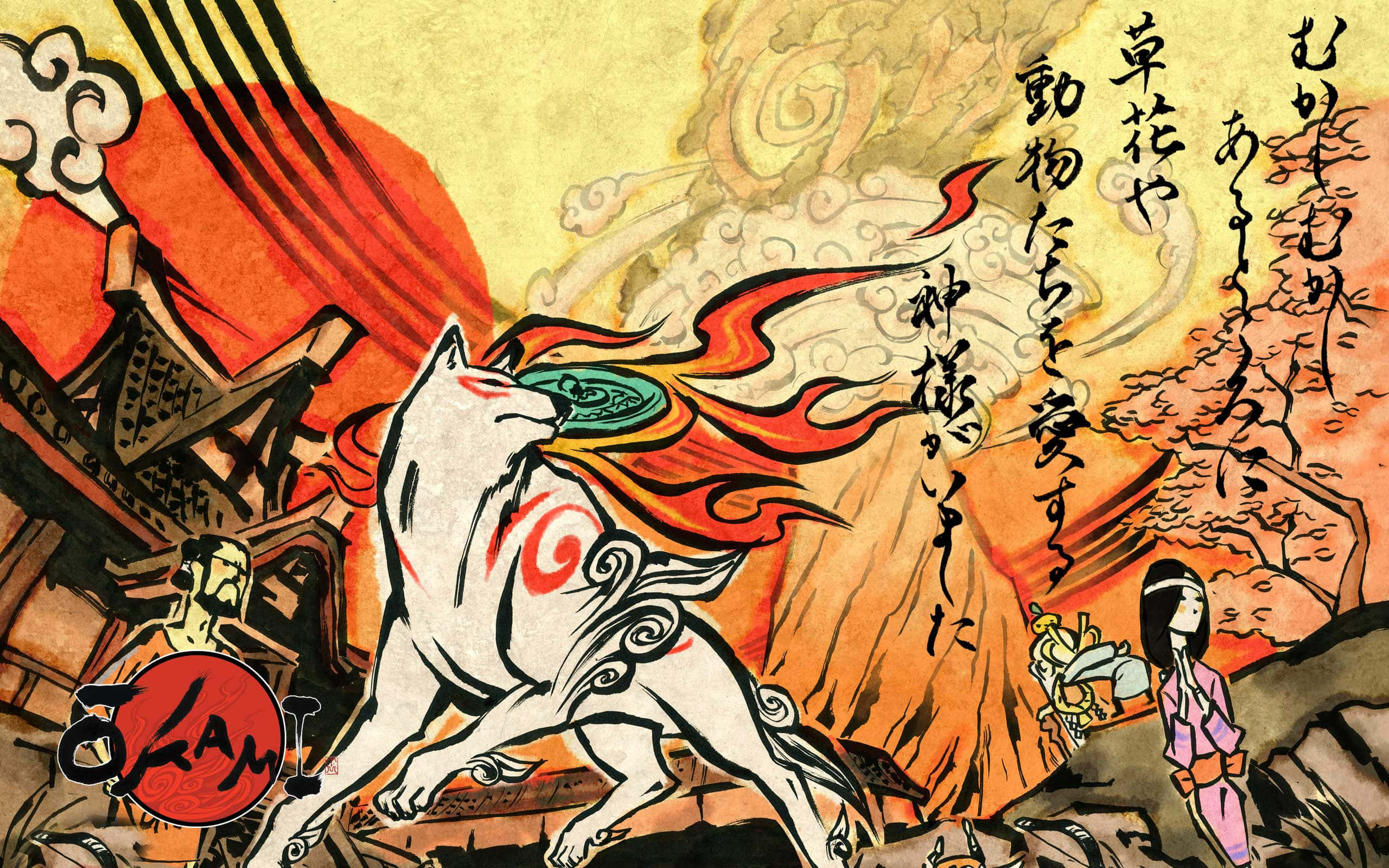 Okami HD 桌布 壁紙 — 一隻風格化的白色狐妖，帶有火紅色的鬃毛，在溫暖色調的日本神社背景上動態跳躍，並配有傳統書法。