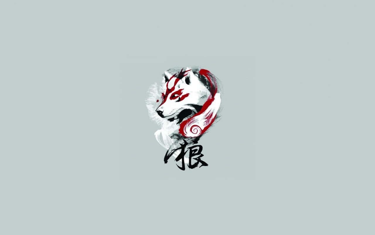 Wolf Minimalist 桌布 壁紙 — 一隻風格化的白色狐狸，帶有紅色標記，下方有一個漢字，以水墨風格呈現在柔和的灰色背景上。