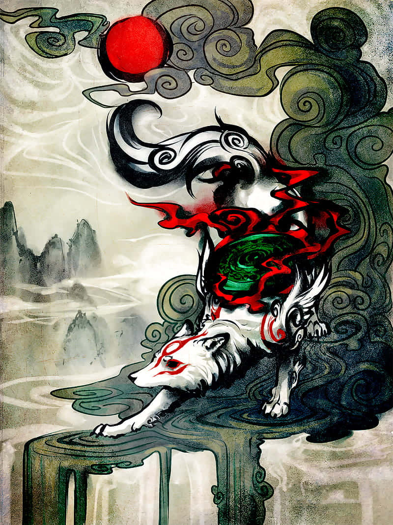 Okami HD 桌布 壁紙 — 一隻風格化的白色狐狸帶有紅色標記，在旋轉的暗雲和霧氣繚繞的山巒中，安息在紅色太陽下的石座上。