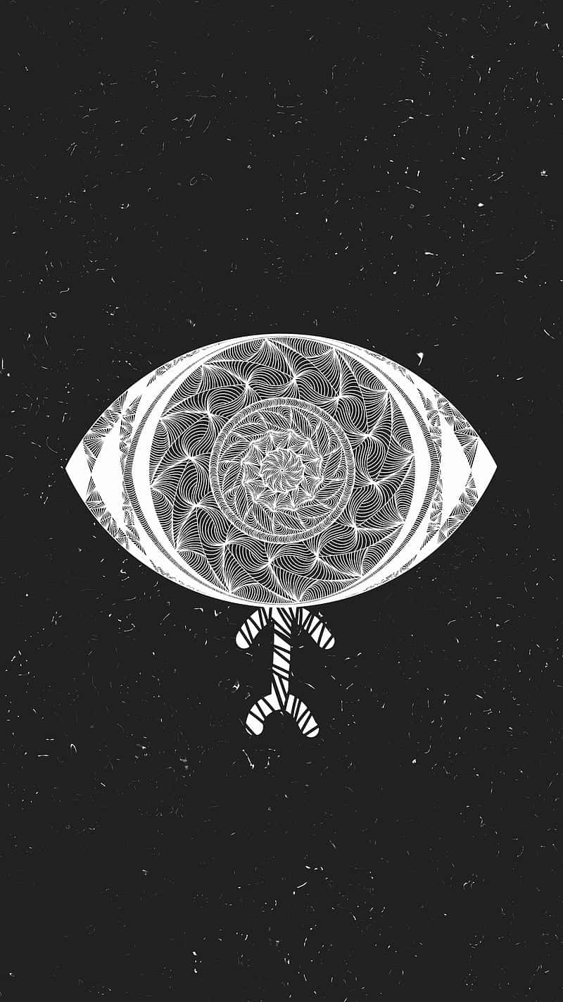詭異的GIF 桌布 壁紙 — 一隻風格化的白色眼睛帶有複雜的曼陀羅圖案，漂浮在條紋人物上方，背景是帶斑點的黑色。