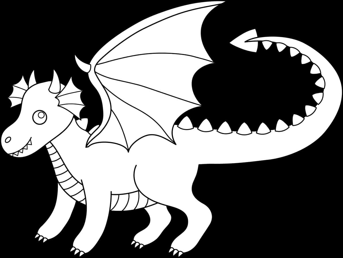 Dragon Coloring 桌布 壁紙 — 一隻風格化的白色線條龍，有翅膀和尖刺尾巴，站在純黑色背景前。