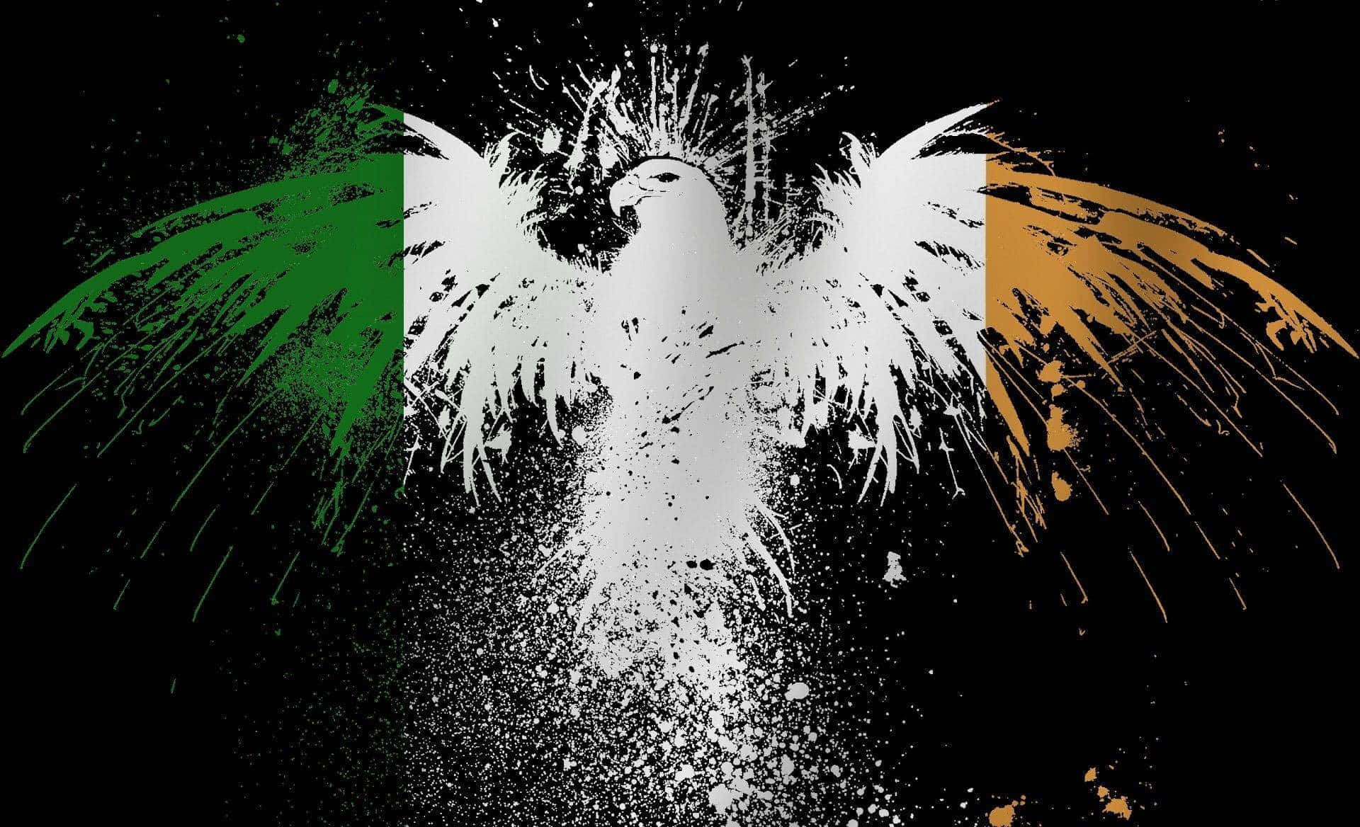 Celtic Irish 桌布 壁紙 — 一隻風格化的白色老鷹展開翅膀，以愛爾蘭的綠色、白色和橙色旗幟繪製在黑色背景上。