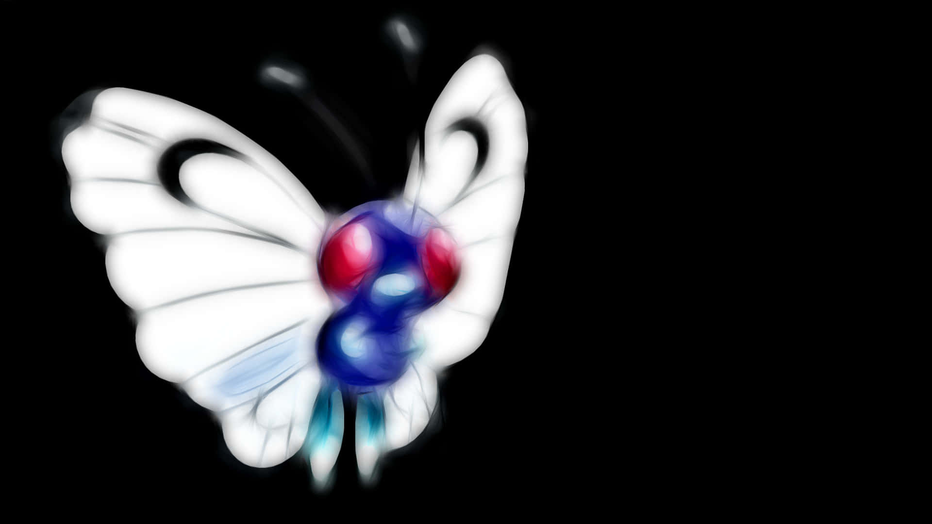 Pokemon Aesthetic 桌布 壁紙 — 一隻風格化的白色蝴蝶，帶有發光的紅色和藍色球體作為眼睛和身體，在漆黑的背景上飛舞。
