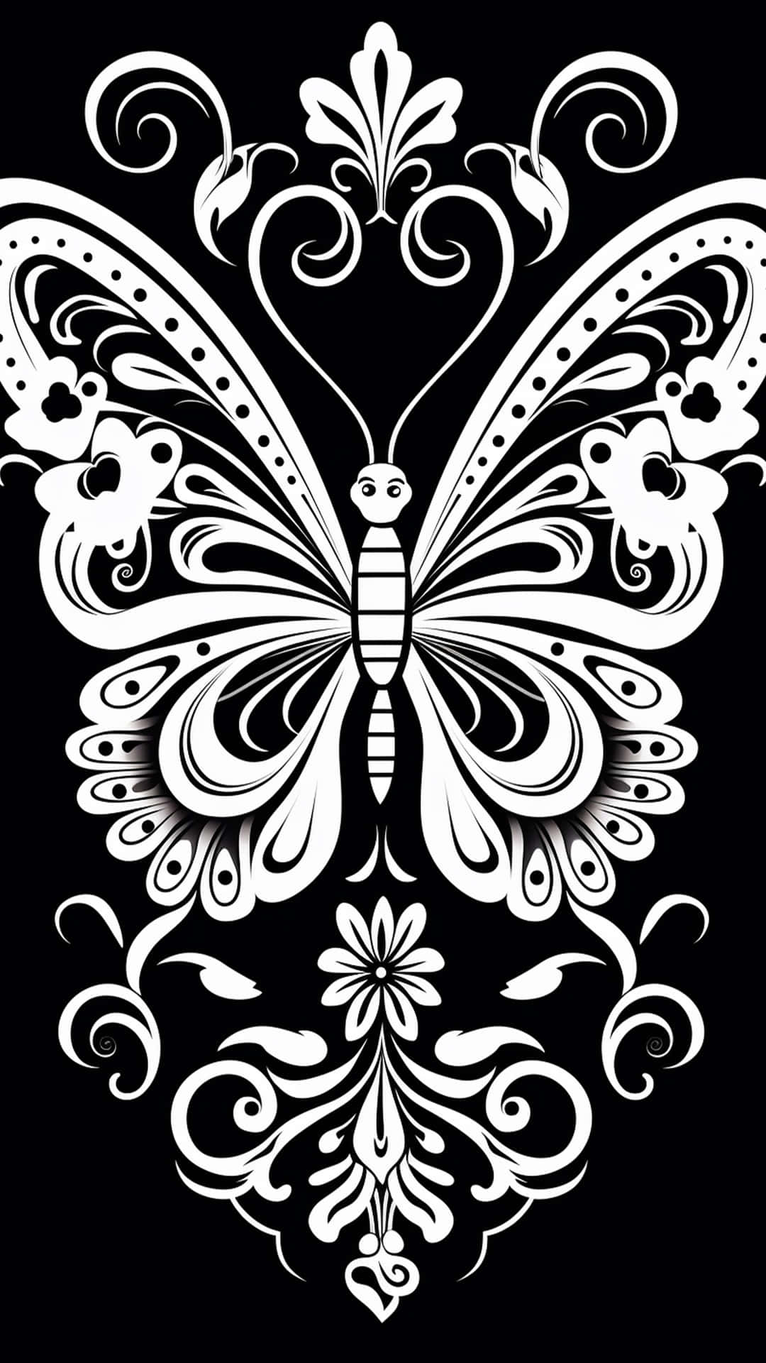 butterfly art desing by hand painting 壁紙 — 一隻風格化的白色蝴蝶，帶有華麗的翅膀和花卉漩渦，在純黑色背景上脫穎而出。