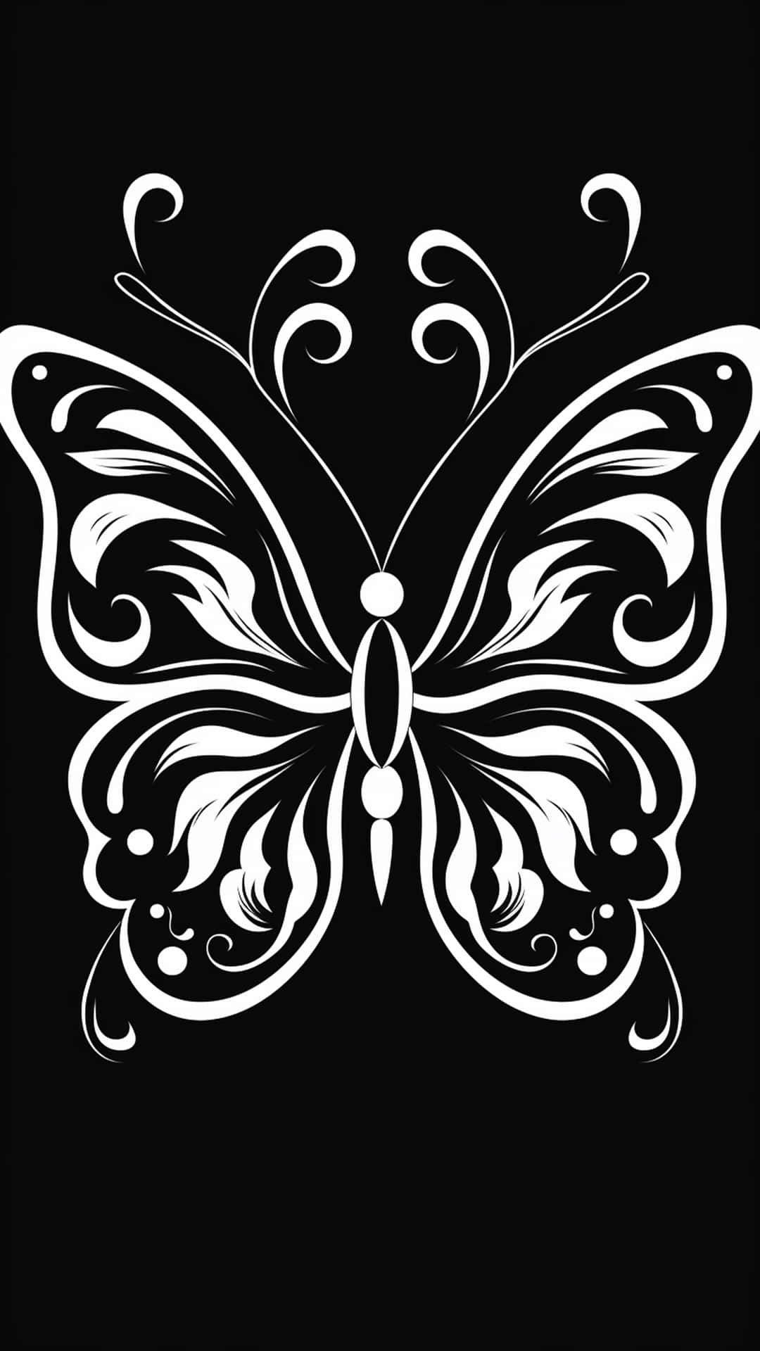 butterfly art desing 壁紙 — 一隻風格化的白色蝴蝶，帶有華麗的漩渦圖案和圓點，置於純黑色背景上。