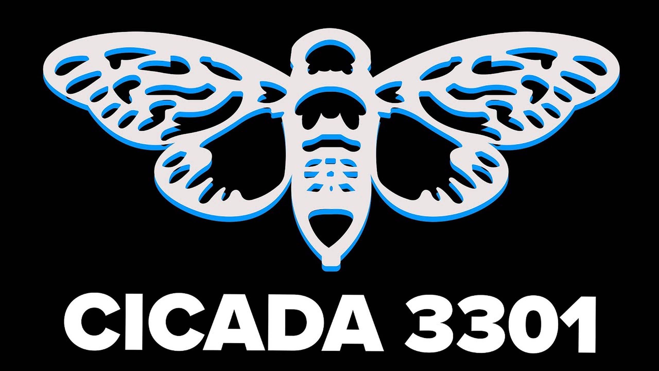 Cicada 桌布 壁紙 — 一隻風格化的白色蟬，帶有藍色輪廓和複雜的翅膀圖案，置於黑色背景上，下方有粗體白色文字。