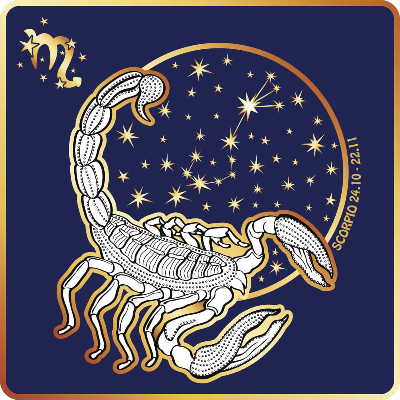 Scorpio 桌布 壁紙 — 一隻風格化的白色蠍子，帶有金色輪廓和點狀圖案曲線，襯著深藍色星空，有金色星星和天蠍座星座標籤。