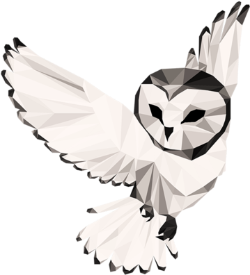 Owl Free 桌布 壁紙 — 一隻風格化的白色貓頭鷹正在飛行，以尖銳的幾何面呈現，背景為黑色。