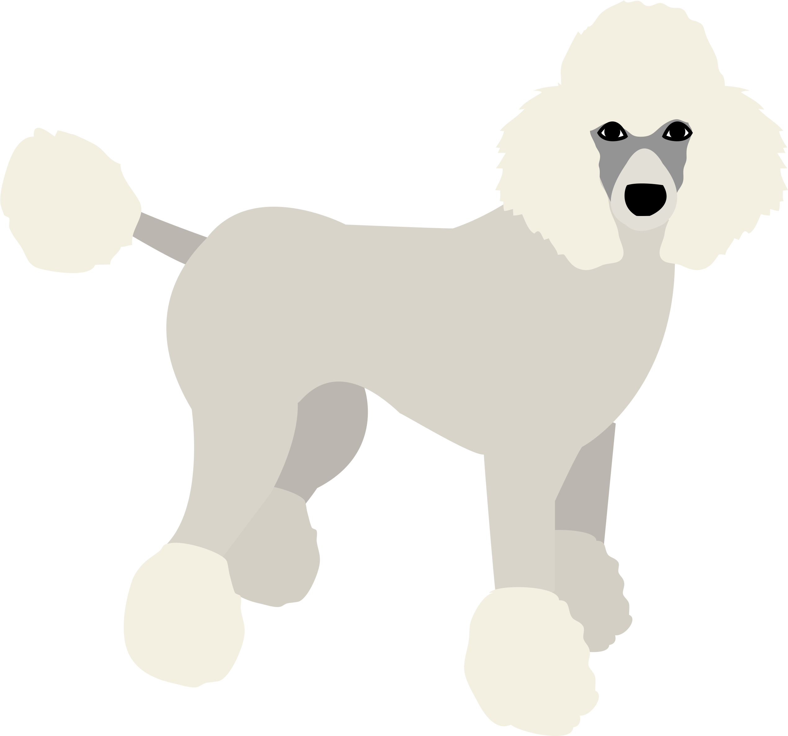 Puppy Dog 桌布 壁紙 — 一隻風格化的白色貴賓犬，有著蓬鬆的絨球尾巴和腳，在純黑色背景下警覺地站立。
