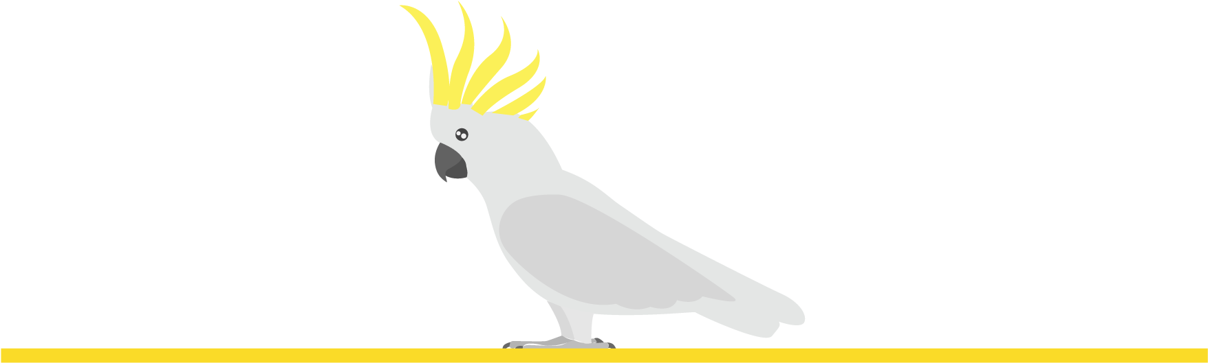 cockatoo 桌布 壁紙 — 一隻風格化的白色鳳頭鸚鵡，帶有鮮黃色冠羽，棲息在黑色背景前的黃色橫桿上。