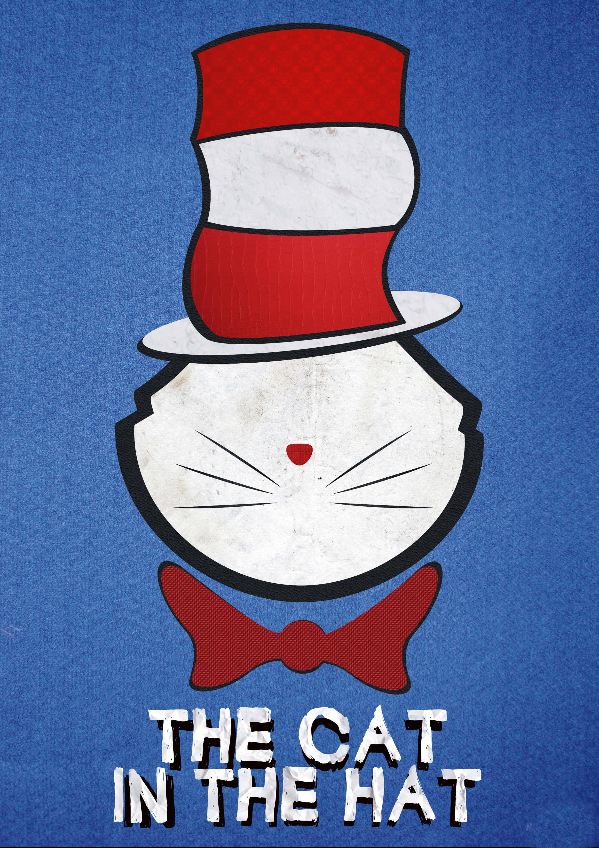 Cat In The Hat 桌布 壁紙 — 一隻風格化的白貓，戴著紅白條紋帽子和紅色蝴蝶結，背景為有紋理的藍色。