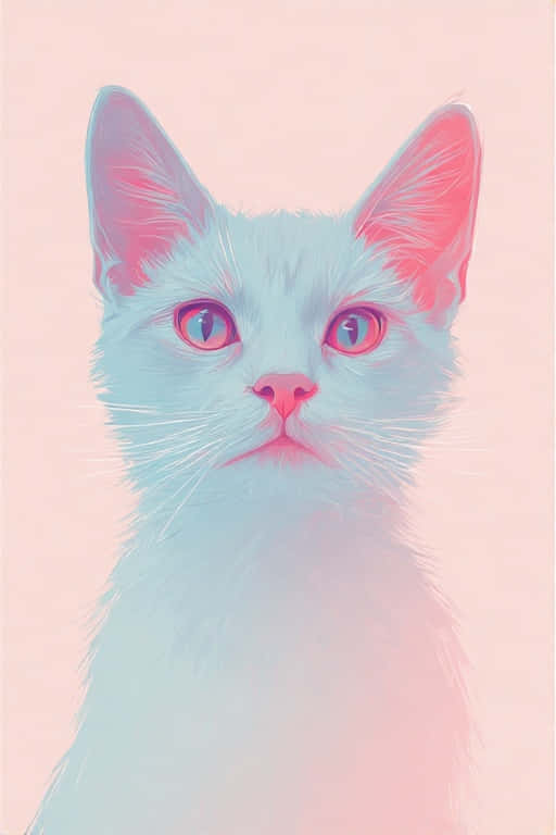 Minimalist Cat Outline on Pastel 壁紙 — 一隻風格化的白貓，擁有發光的粉紅色眼睛和耳朵，直視著柔和的粉彩粉紅色背景。