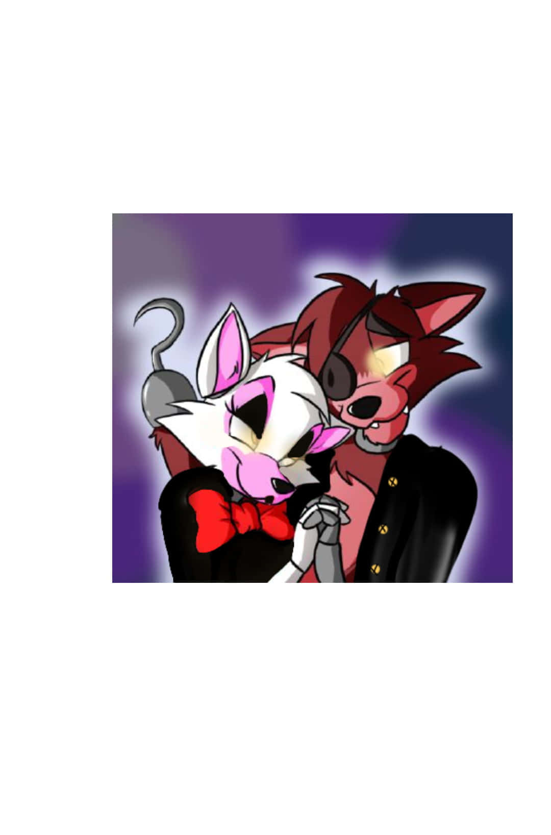 Foxy The Pirate 桌布 壁紙 — 一隻風格化的白貓，粉紅色耳朵和紅色蝴蝶結，擁抱一隻戴眼罩的紅狐，背景為紫色漸層。