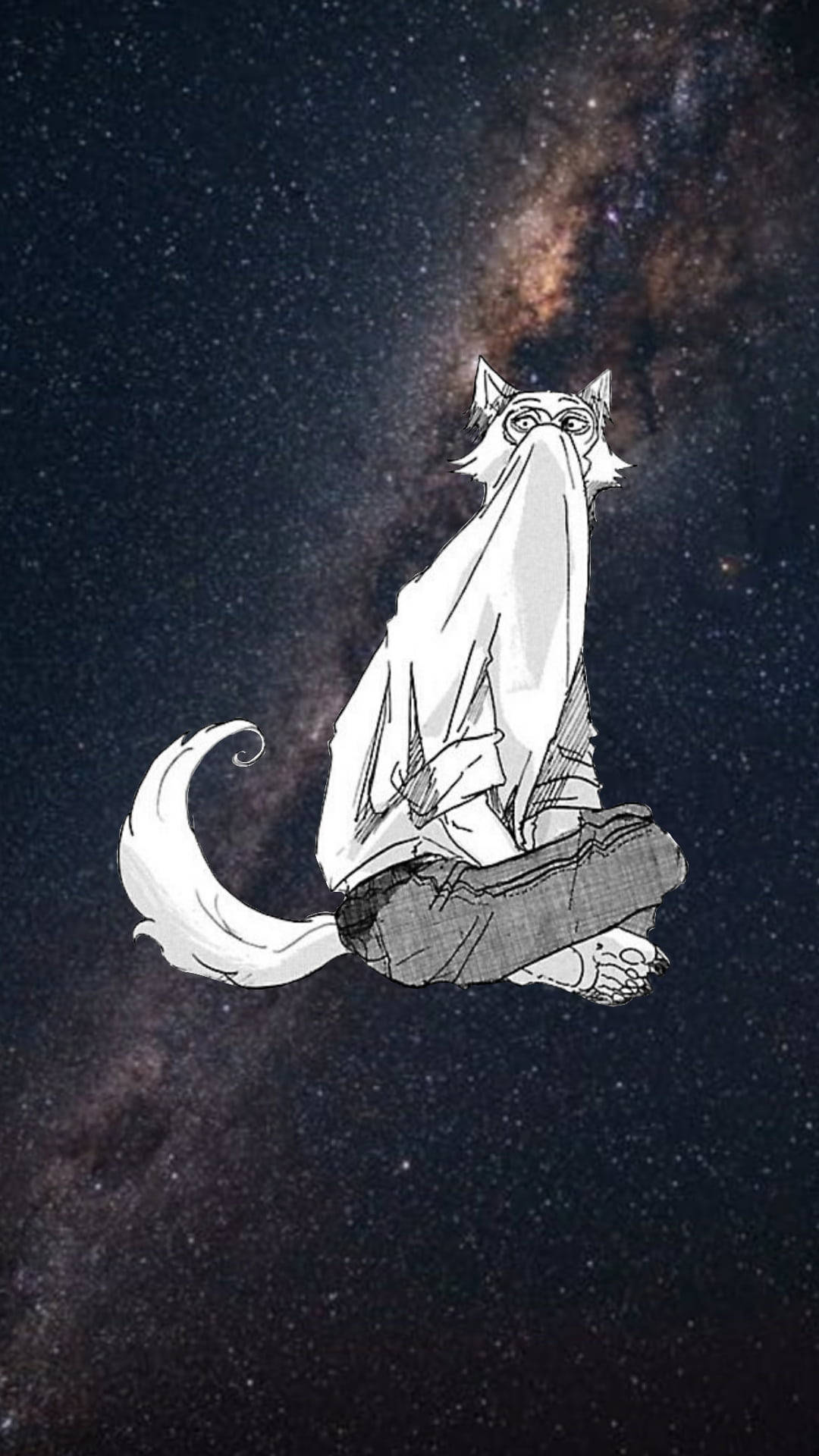 Beastars 桌布 壁紙 — 一隻風格化的白貓盤腿冥想，背景是繁星點點的銀河和宇宙塵埃痕跡。