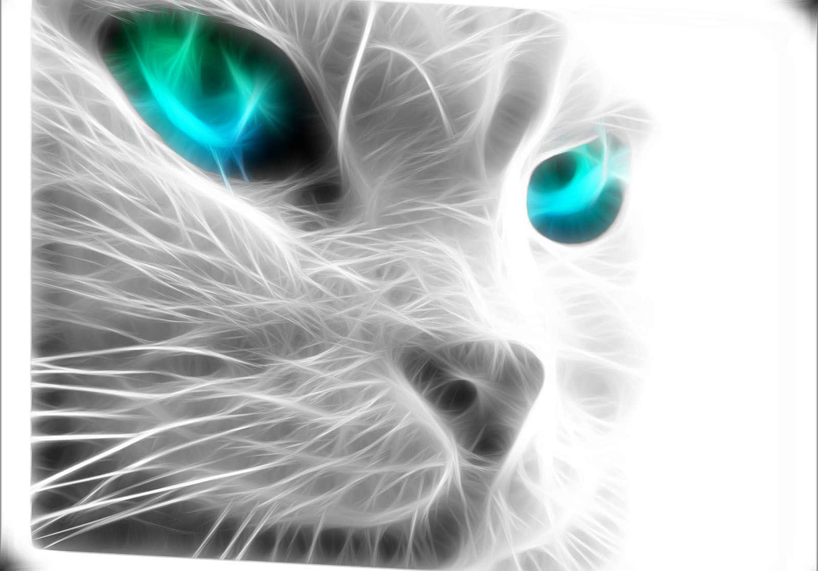 Neon Animals 桌布 壁紙 — 一隻風格化的白貓臉，帶有發光的藍綠色眼睛和碎形毛皮圖案，背景為亮白色。