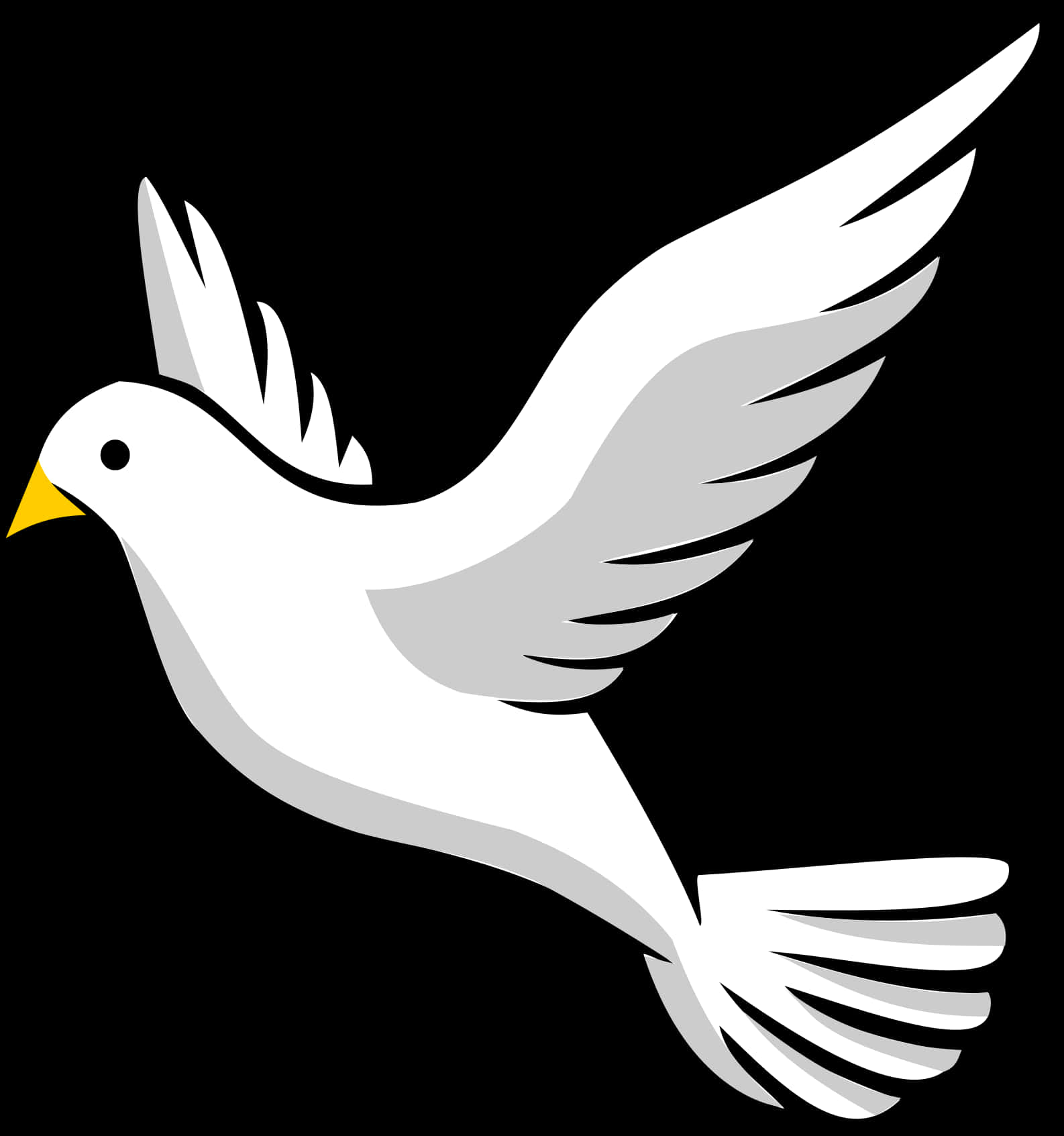 Dove 桌布 壁紙 — 一隻風格化的白鴿，帶有灰色翅膀陰影和黃色喙，在純黑色背景上翱翔。