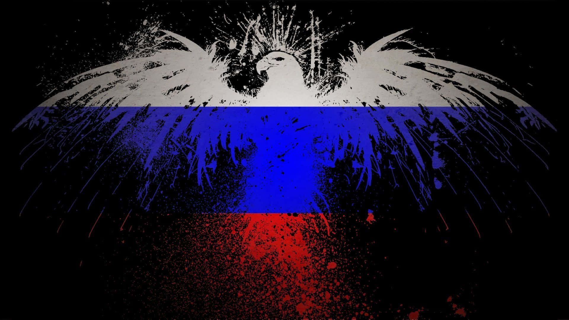 Russia 桌布 壁紙 — 一隻風格化的白鷹展開翅膀，覆蓋在俄羅斯國旗上，以粗糙的潑濺藝術風格呈現在黑色背景上。