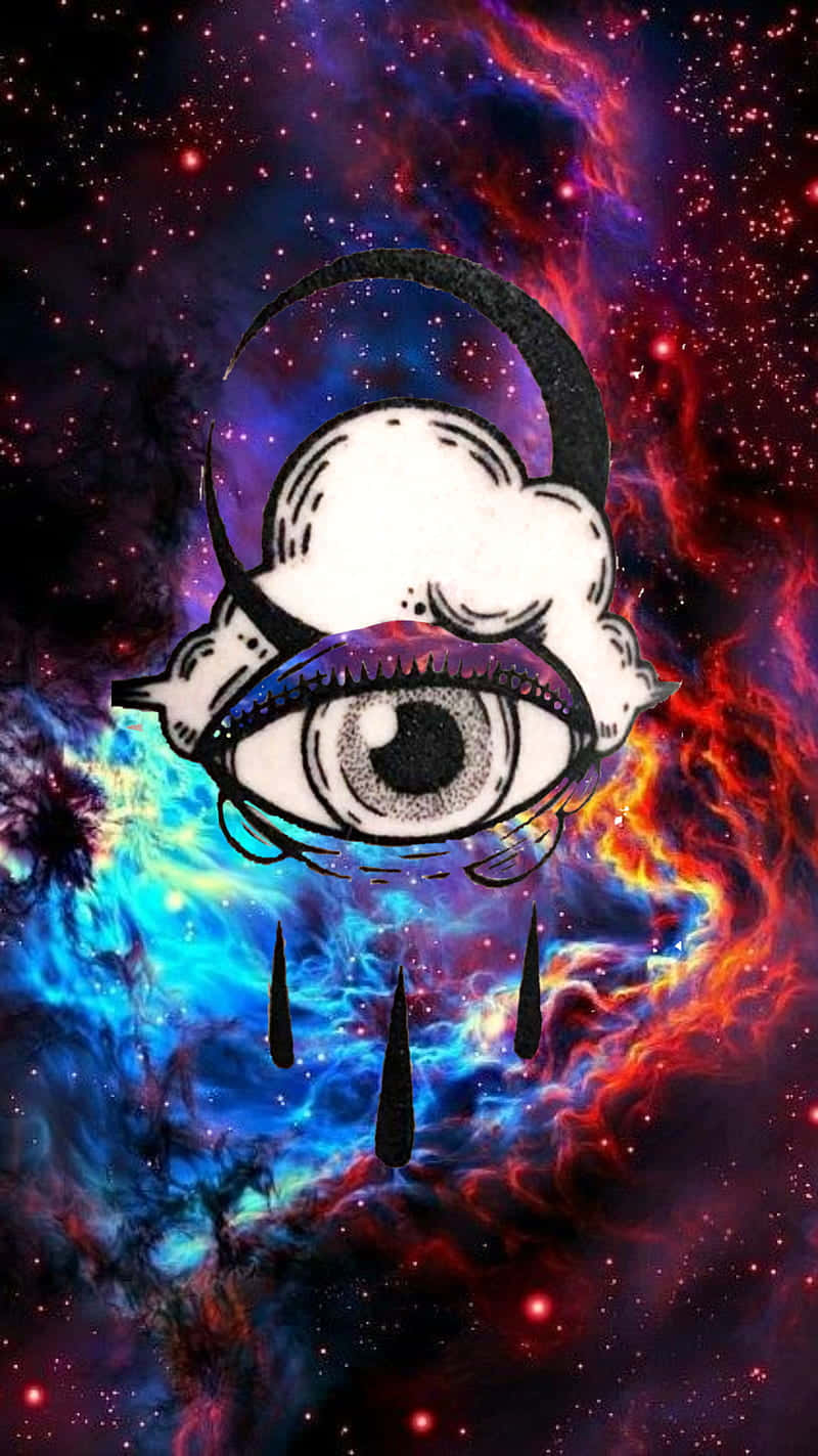 桌布 壁紙 — 一隻風格化的眼睛，上方有新月，漂浮在充滿活力的宇宙星雲中，呈現紅、藍、紫色調。