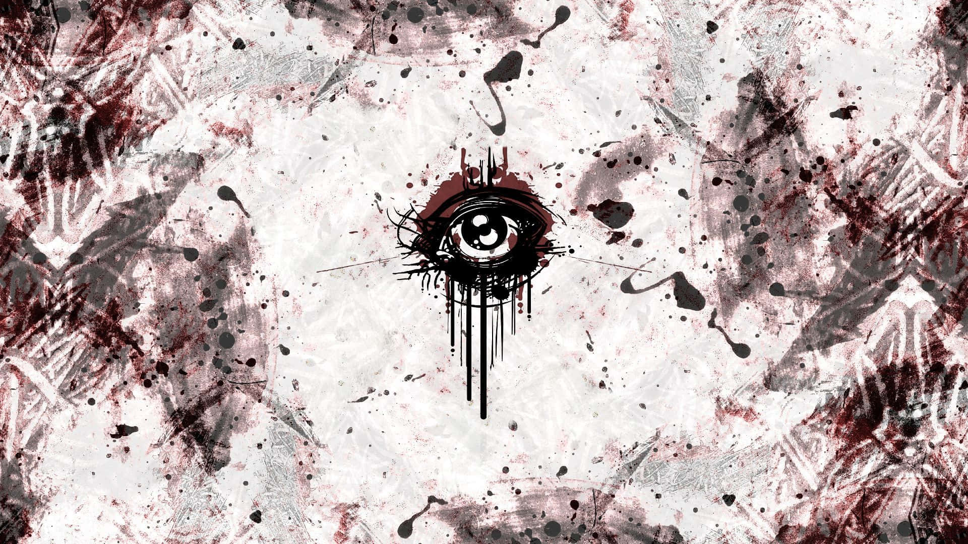 Grunge Aesthetic Mac 桌布 壁紙 — 一隻風格化的眼睛，在紋理白色背景上滴落墨水並濺上紅色和黑色顏料。