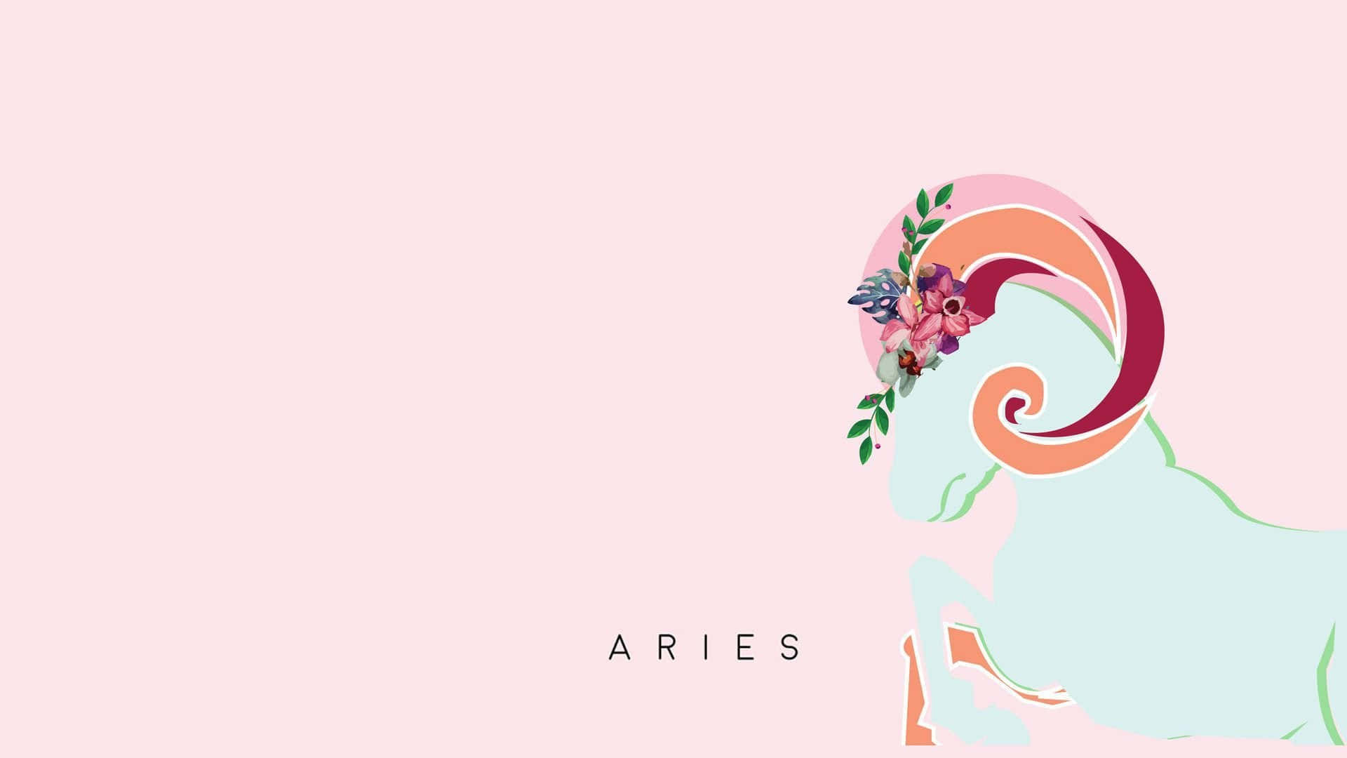 aries 桌布 壁紙 — 一隻風格化的粉彩公羊，頭戴花冠，在柔和的粉紅色背景上標有ARIES。