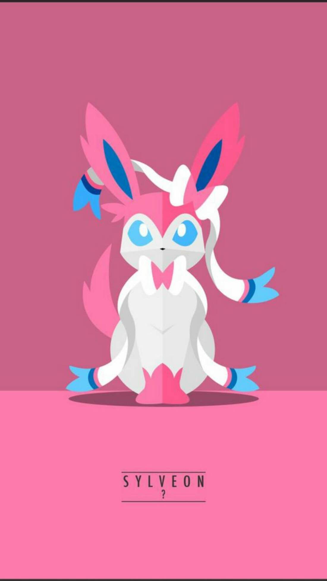 Sylveon 桌布 壁紙 — 一隻風格化的粉紅色和藍色仙子伊布坐在純粉紅色背景中央，其名字在下方。