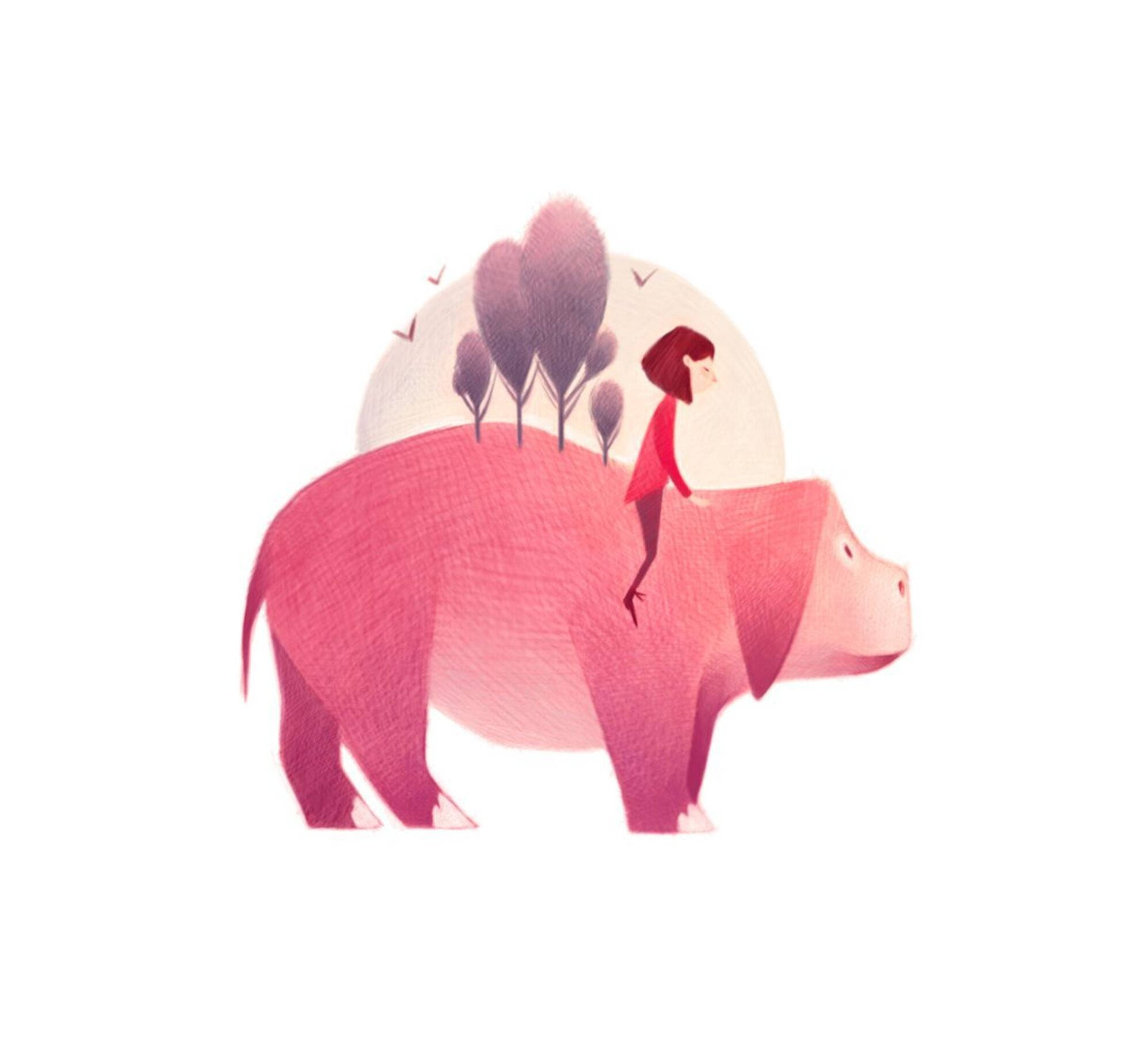okja 桌布 壁紙 — 一隻風格化的粉紅色河馬背著一個穿紅色連衣裙的小女孩，背景是柔和的日落天空，有樹木和鳥兒。