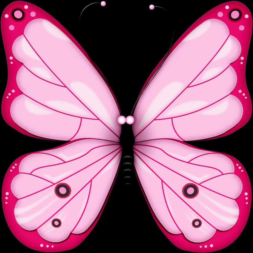 Butterfly Transparent 桌布 壁紙 — 一隻風格化的粉紅色蝴蝶，帶有鮮豔的洋紅色邊緣和珍珠般的斑點，襯托在純黑色背景上。