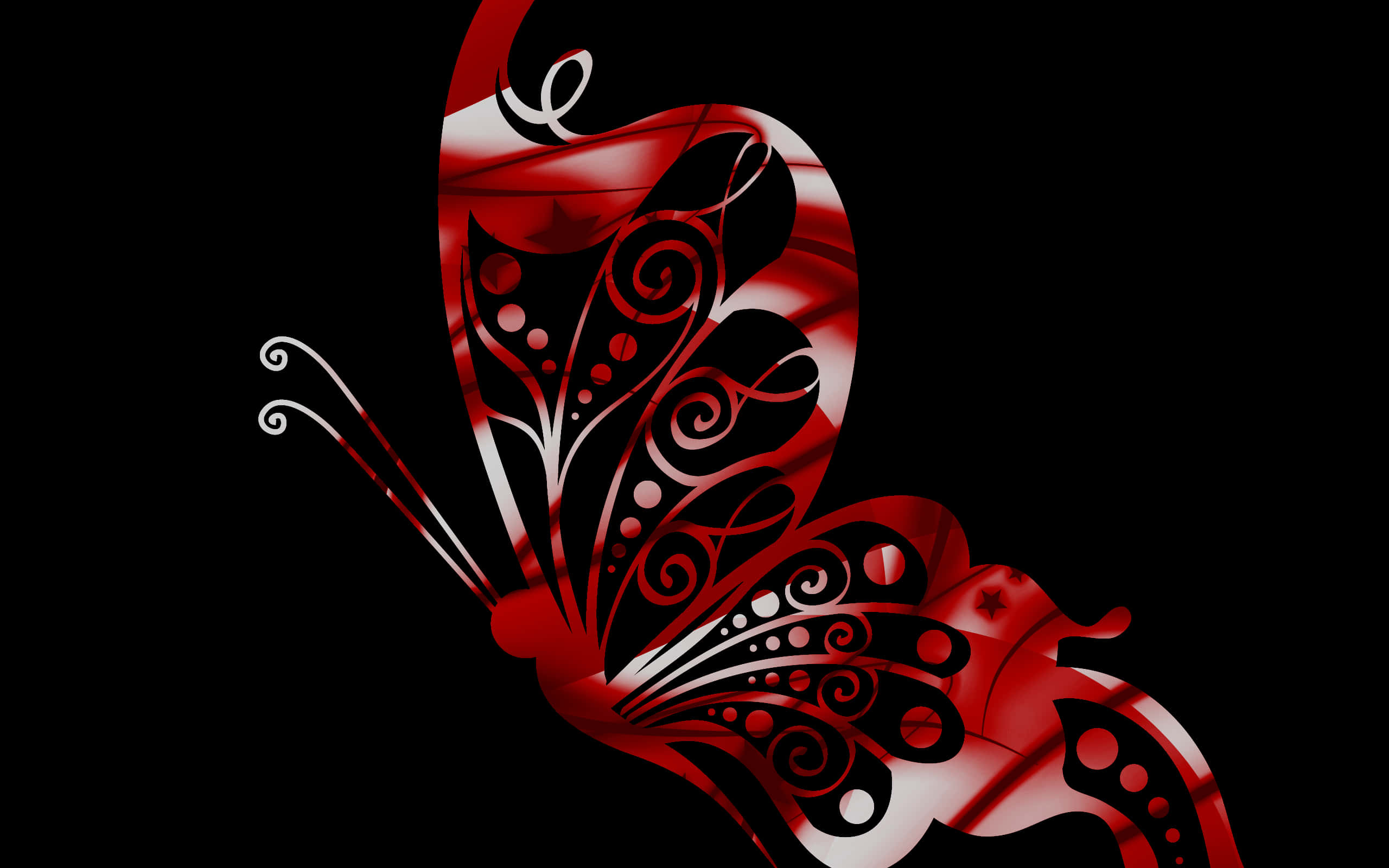 Red Butterfly 桌布 壁紙 — 一隻風格化的紅白蝴蝶，帶有漩渦圖案，在純黑背景上發光。
