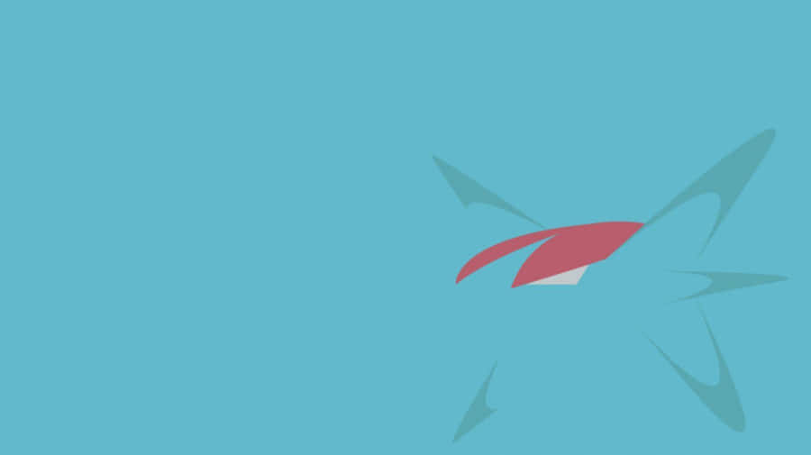 Salamence 桌布 壁紙 — 一隻風格化的紅色和青色鳥在飛行中，背景為純青色，帶有動態模糊效果。