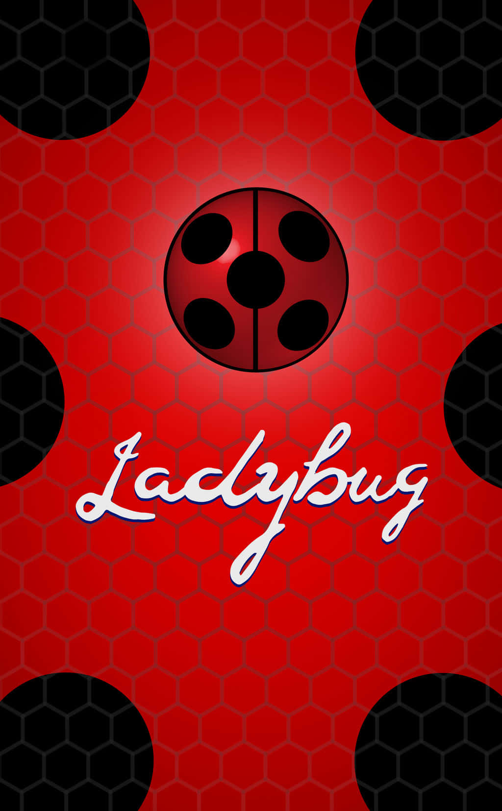 ladybug 桌布 壁紙 — 一隻風格化的紅色瓢蟲，帶有黑色斑點，位於六邊形紅色背景中央，並有白色草書字體的Ladybug字樣。