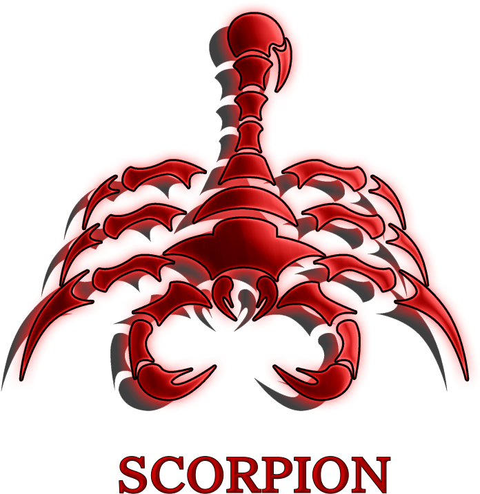 scorpion 桌布 壁紙 — 一隻風格化的紅色蠍子，帶有發光邊緣和銳利細節，在黑色背景上大膽呈現，下方有「scorpion」字樣。